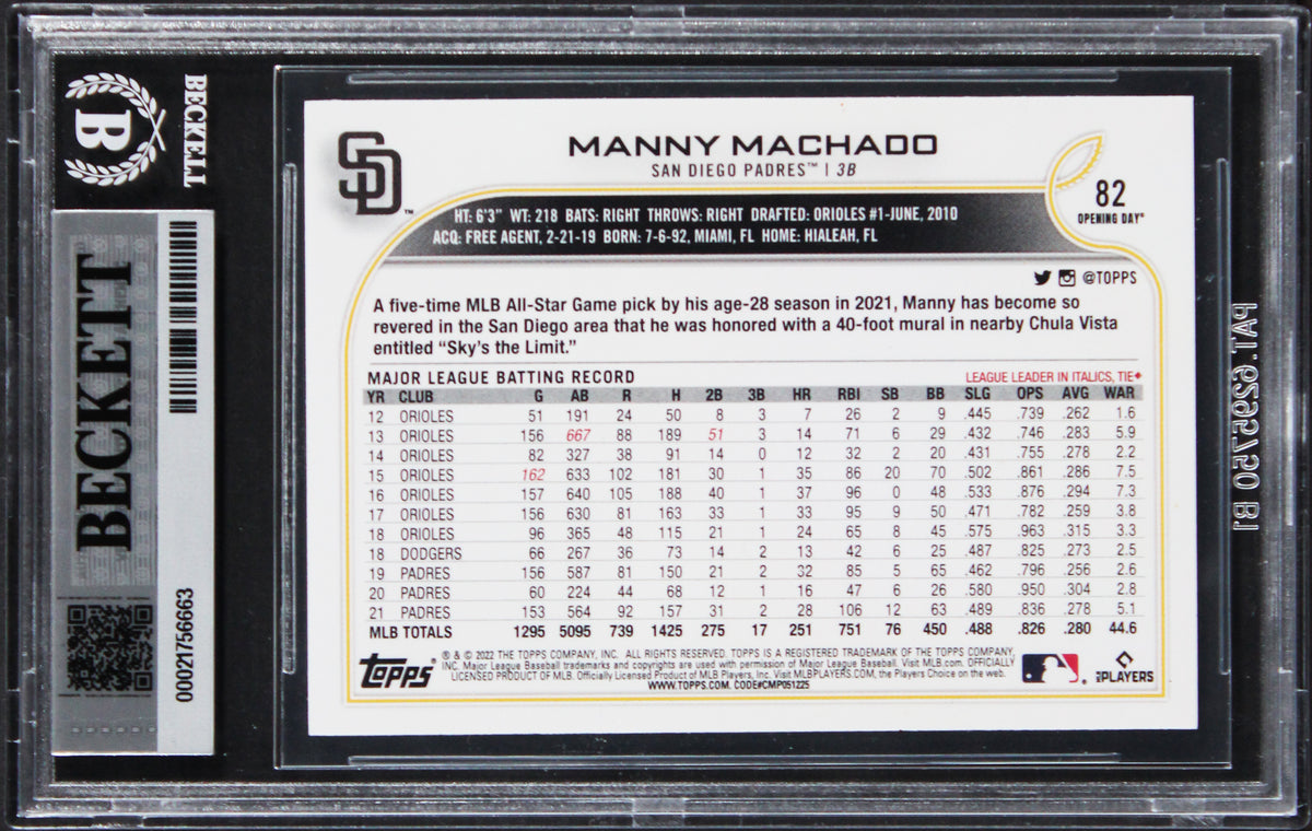 Padres Manny Machado Signed 2022 Topps Opening Day #82 Card Auto 10! BAS Slabbed