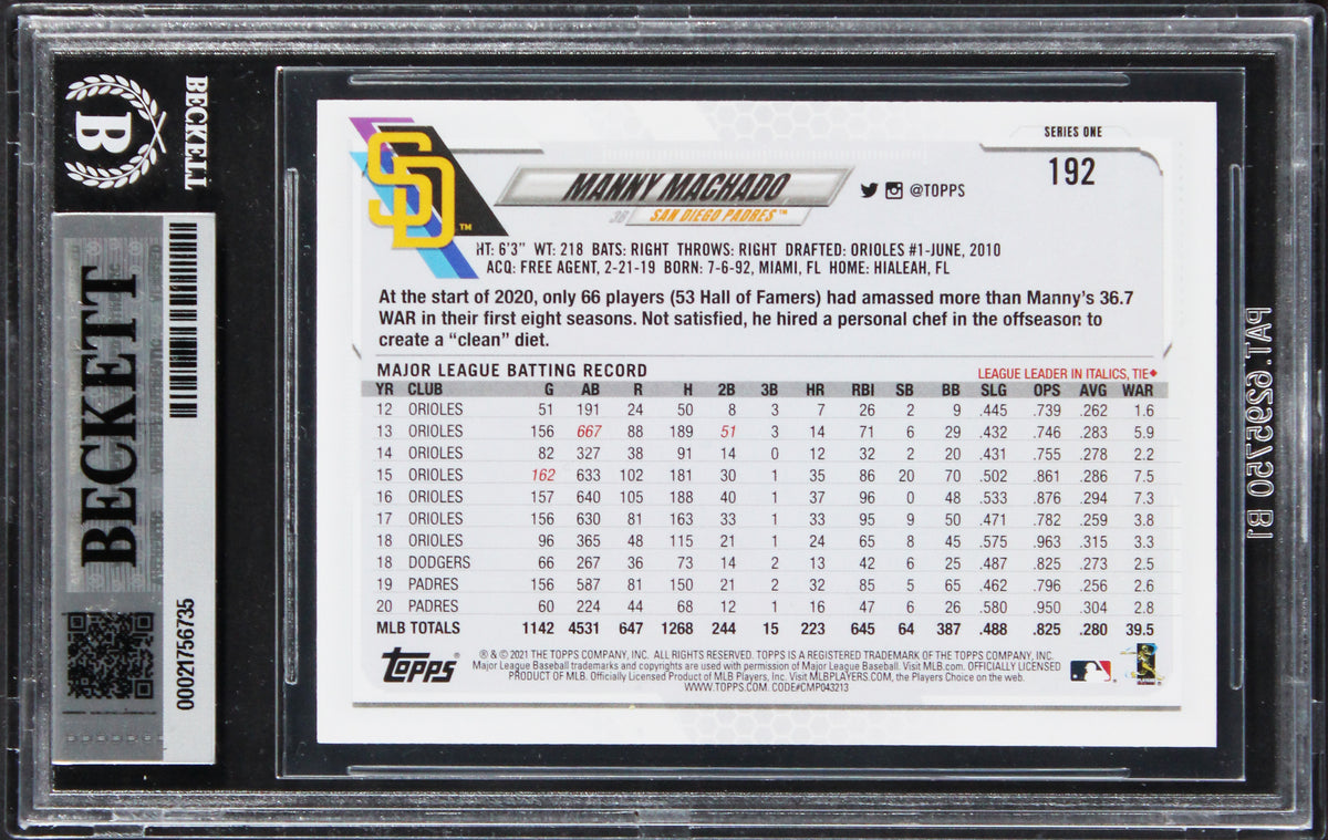 Padres Manny Machado Signed 2021 Topps #192 Card Auto Grade GM 10! BAS Slabbed