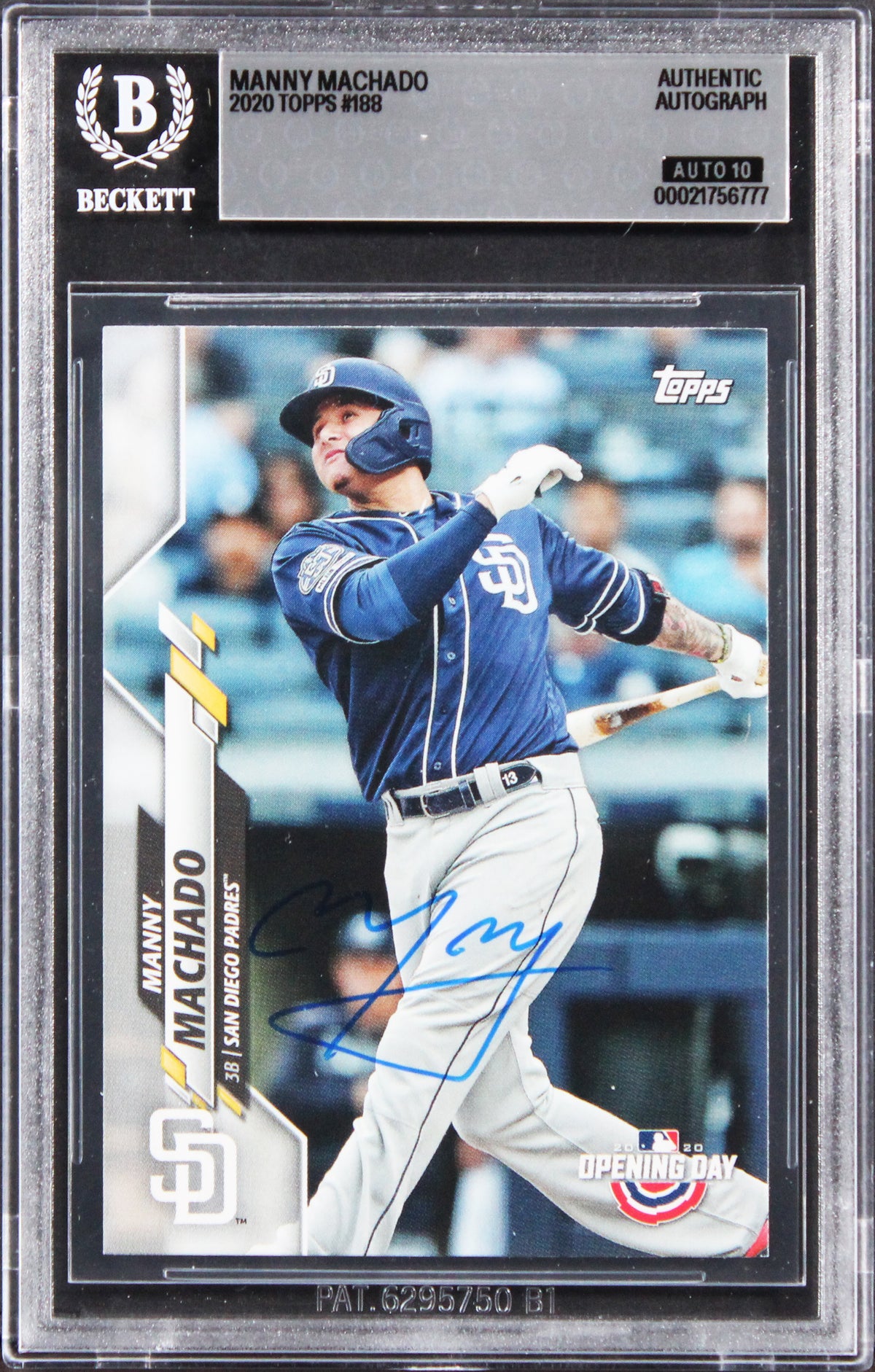Padres Manny Machado Signed 2020 Topps #188 Card Auto Gem Mint 10! BAS Slabbed