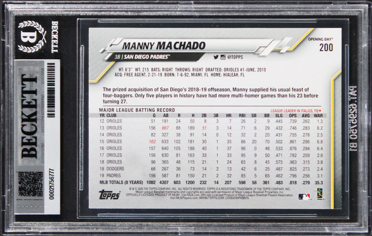 Padres Manny Machado Signed 2020 Topps #188 Card Auto Gem Mint 10! BAS Slabbed