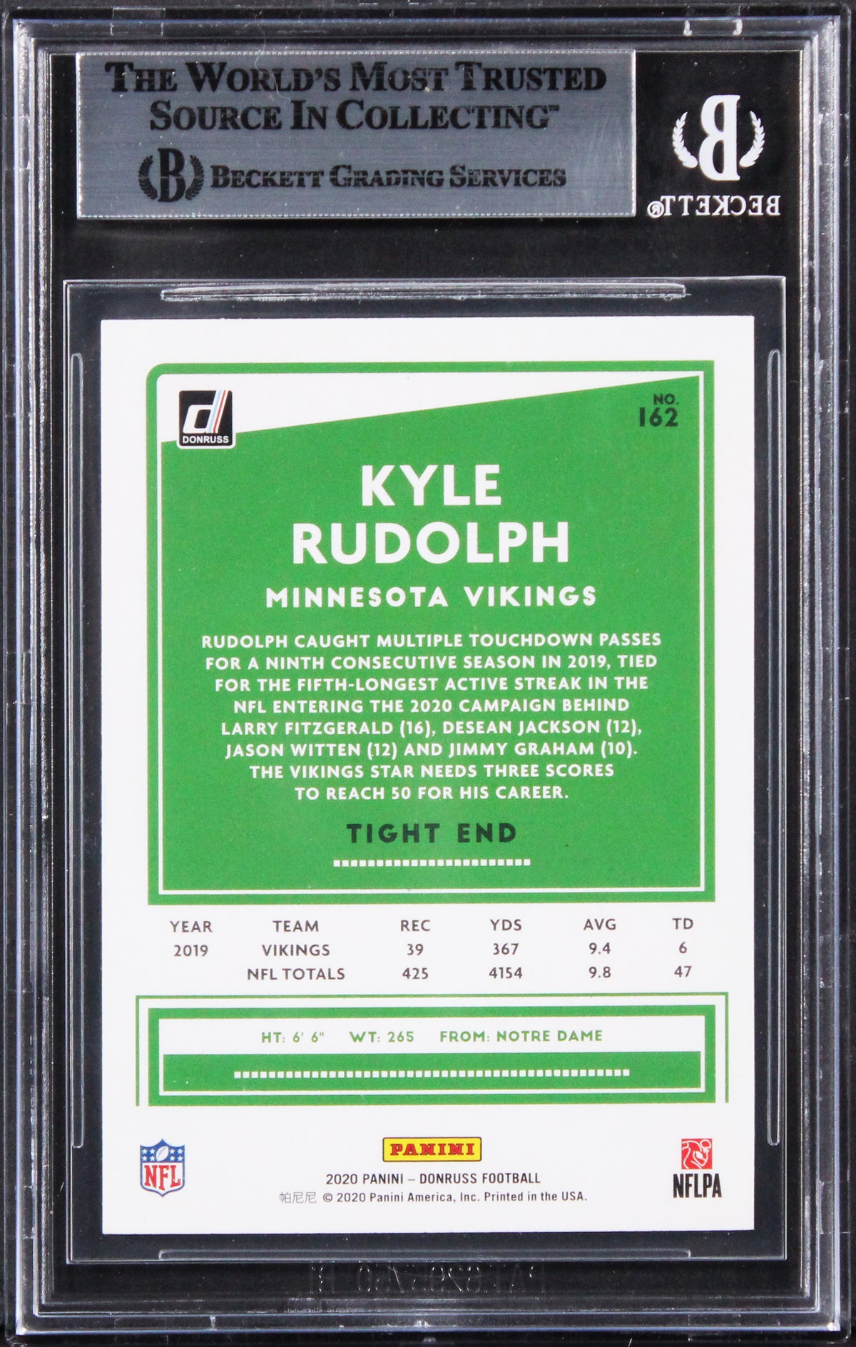 Vikings Kyle Rudolph Authentic Signed 2020 Donruss #162 Card BAS Slabbed 2