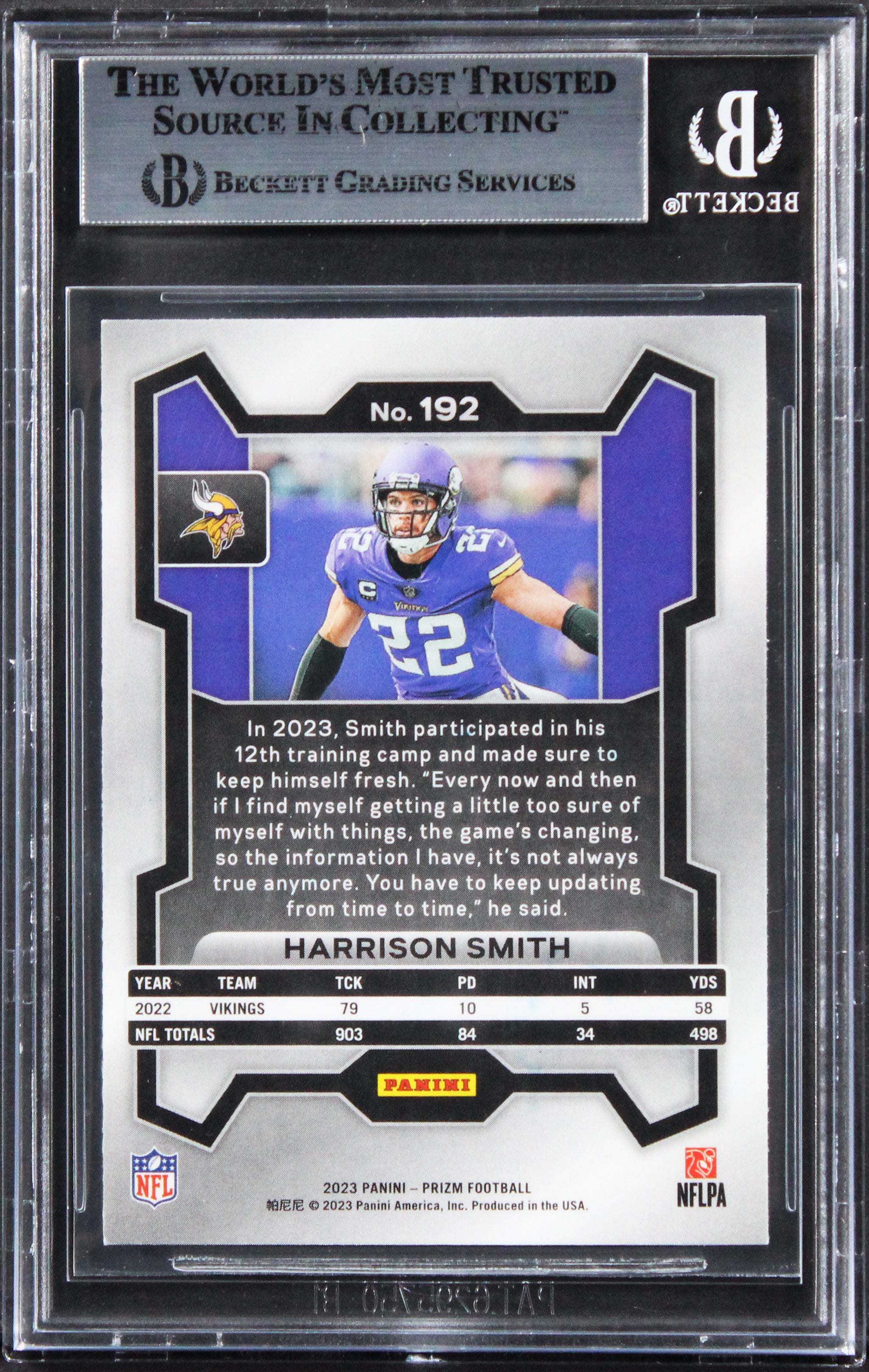 Vikings Harrison Smith Authentic Signed 2023 Panini Prizm #192 Card BAS Slabbed