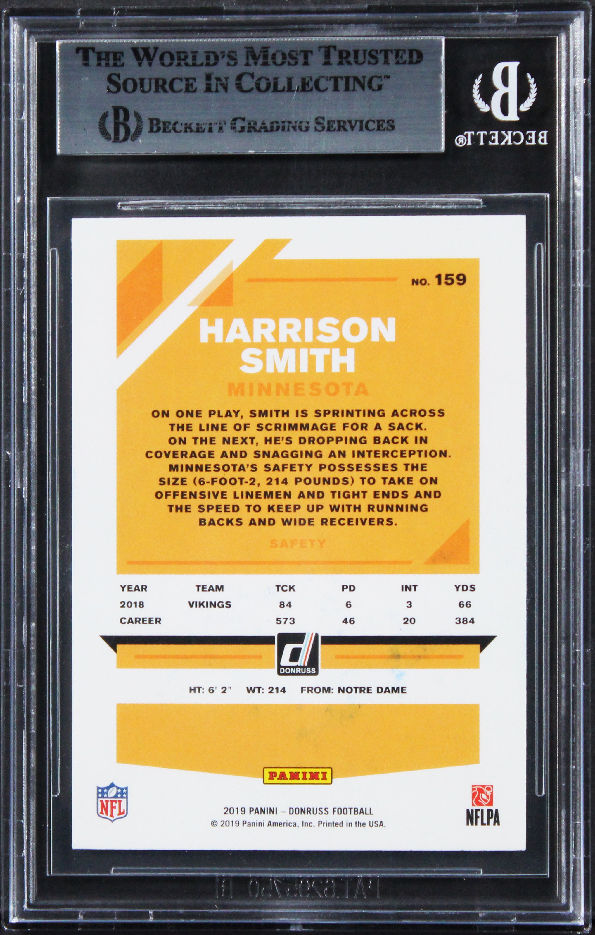 Vikings Harrison Smith Authentic Signed 2019 Donruss #159 Card BAS Slabbed