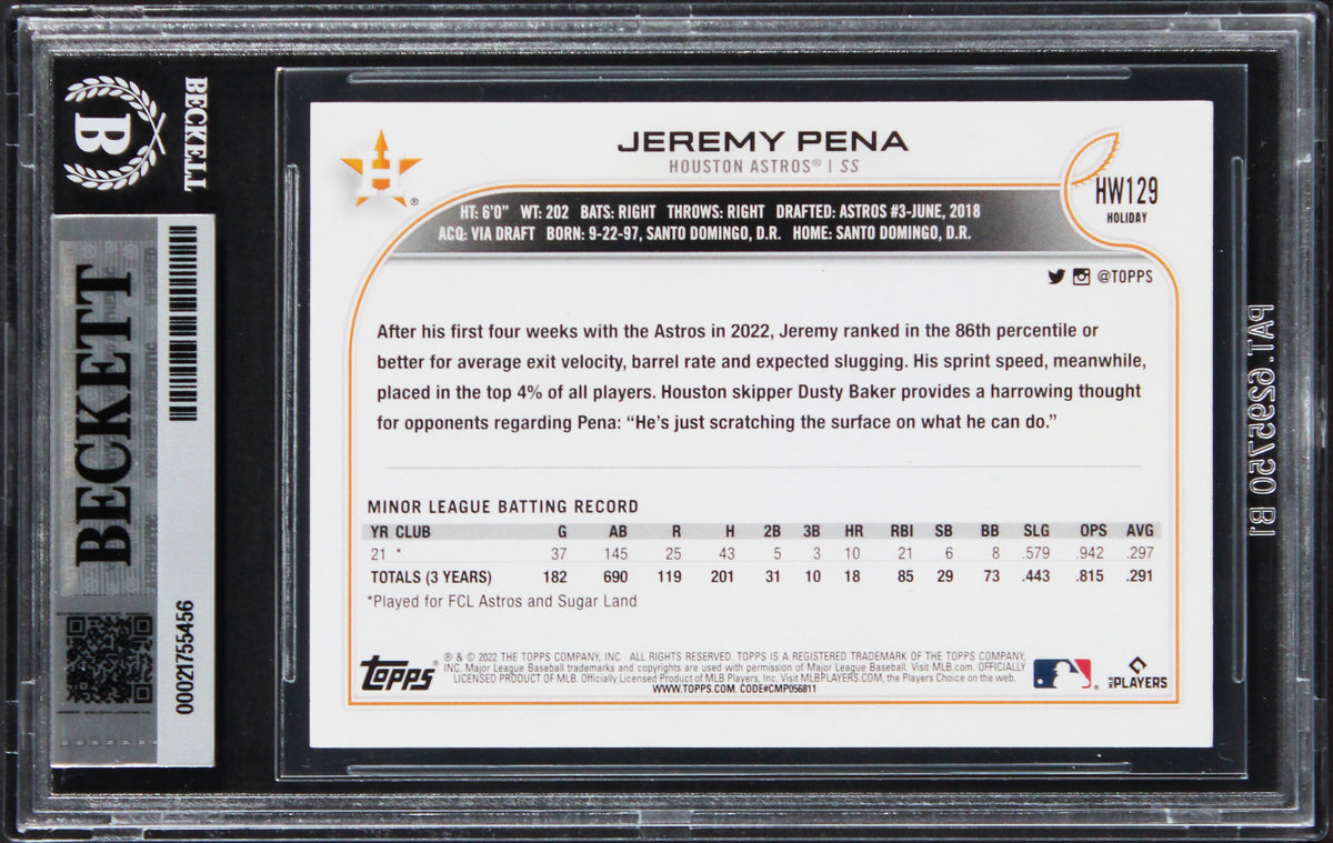 Astros Jeremy Pena Signed 2022 Topps Holiday #HW129 RC Card Auto 10! BAS Slabbed