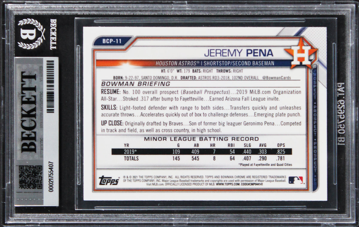 Astros Jeremy Pena Signed 2021 Bowman Chrome #BCP11 Card Auto GM 10! BAS Slabbed