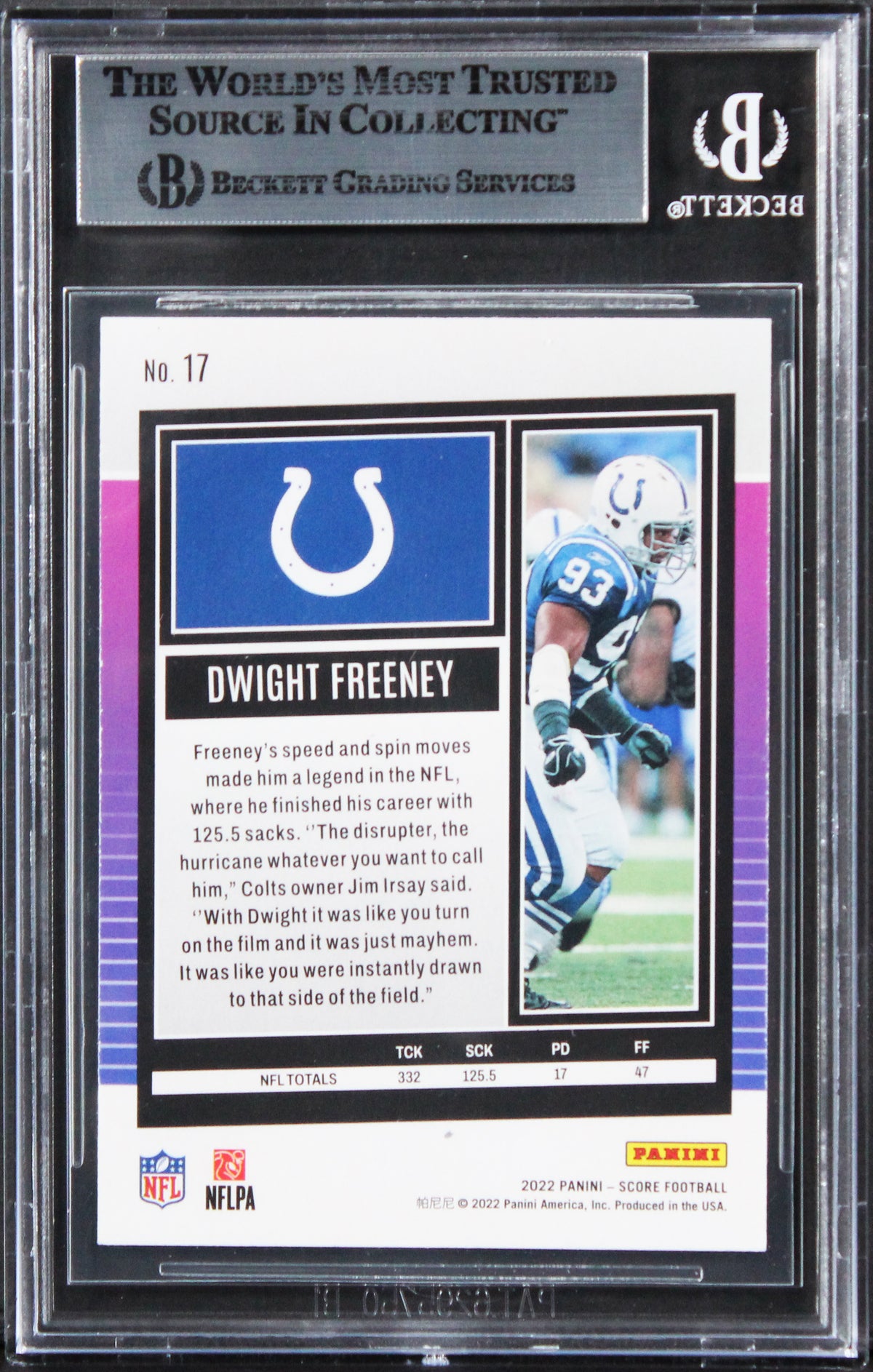 Colts Dwight Freeney Authentic Signed 2022 Score #17 Card BAS Slabbed