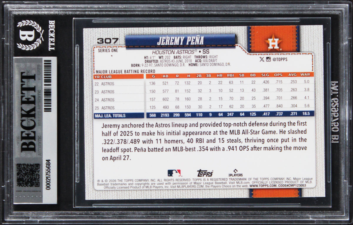 Astros Jeremy Pena Signed 2026 Topps #307 Card Auto Grade GM 10! BAS Slabbed