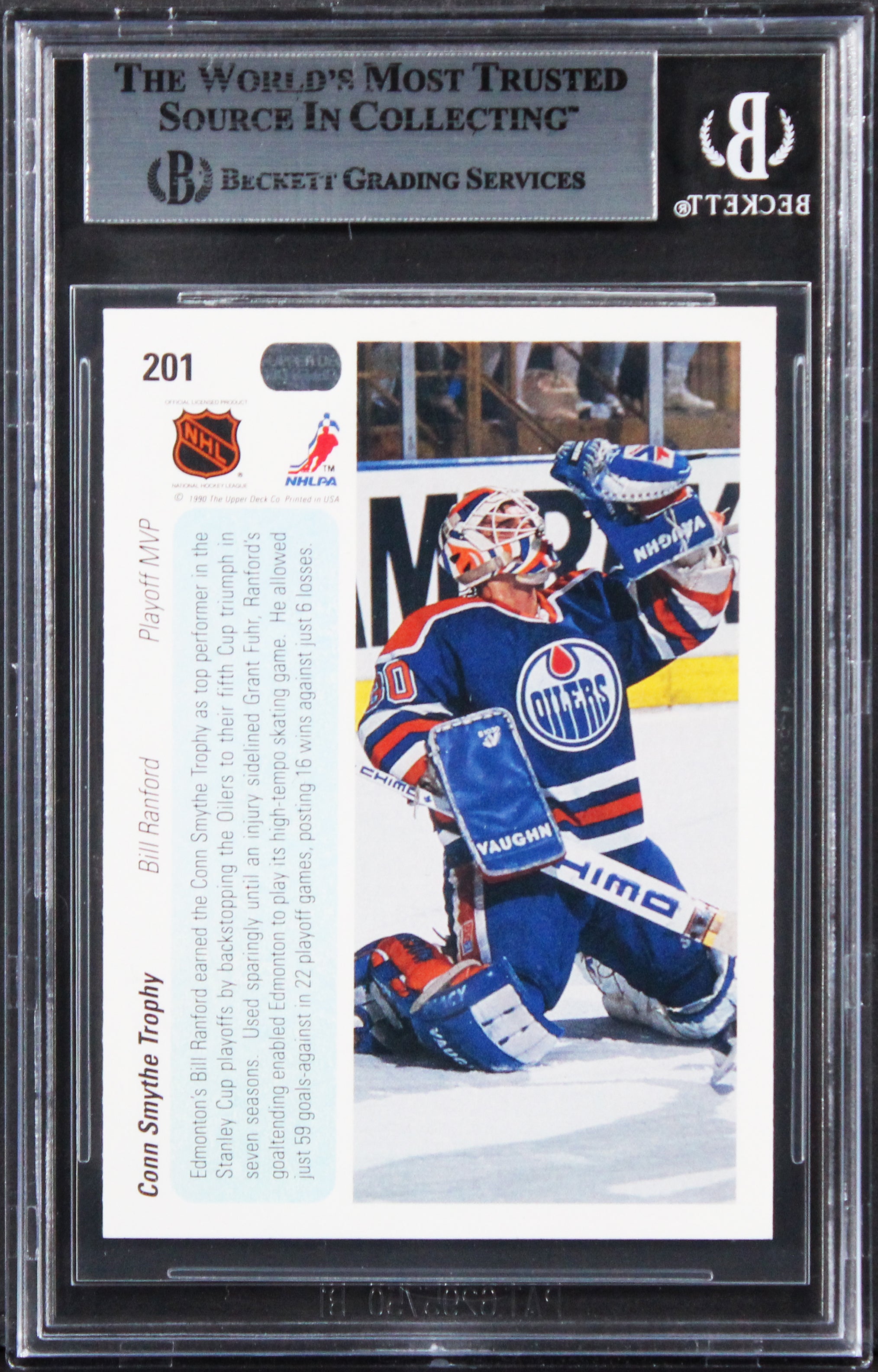 Oilers Bill Ranford Signed 1990 Upper Deck Conn Smythe Trophy #201 Card BAS Slab