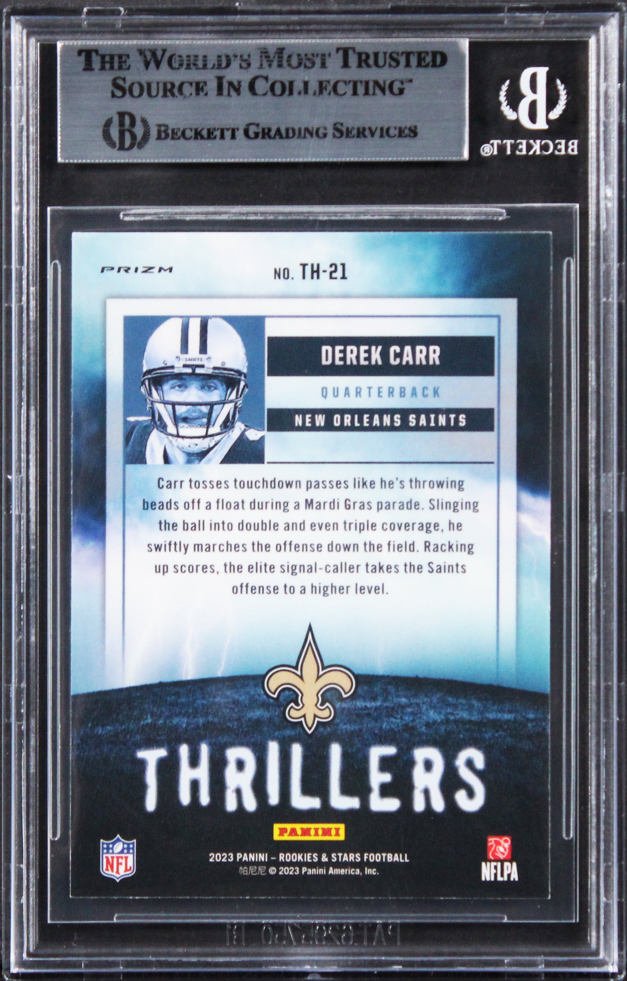 Saints Derek Carr Signed 2023 Rookies & Stars Thrillers Silver #21 Card BAS Slab