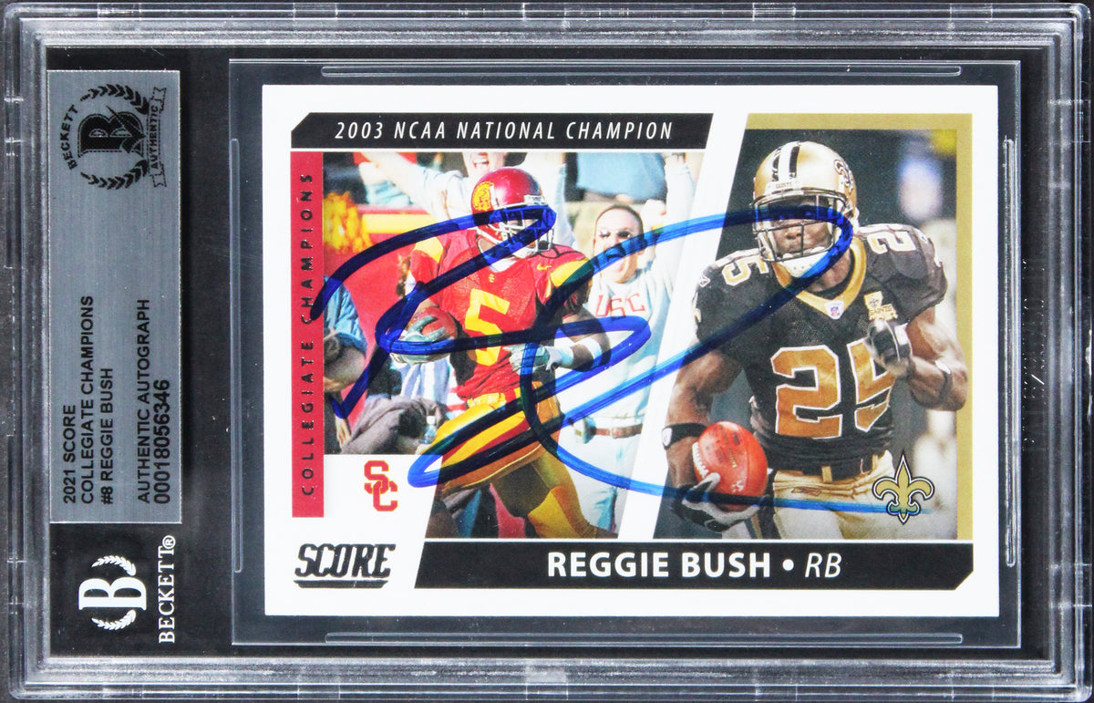Saints Reggie Bush Signed 2021 Score Collegiate Champions #8 Card BAS Slabbed 2
