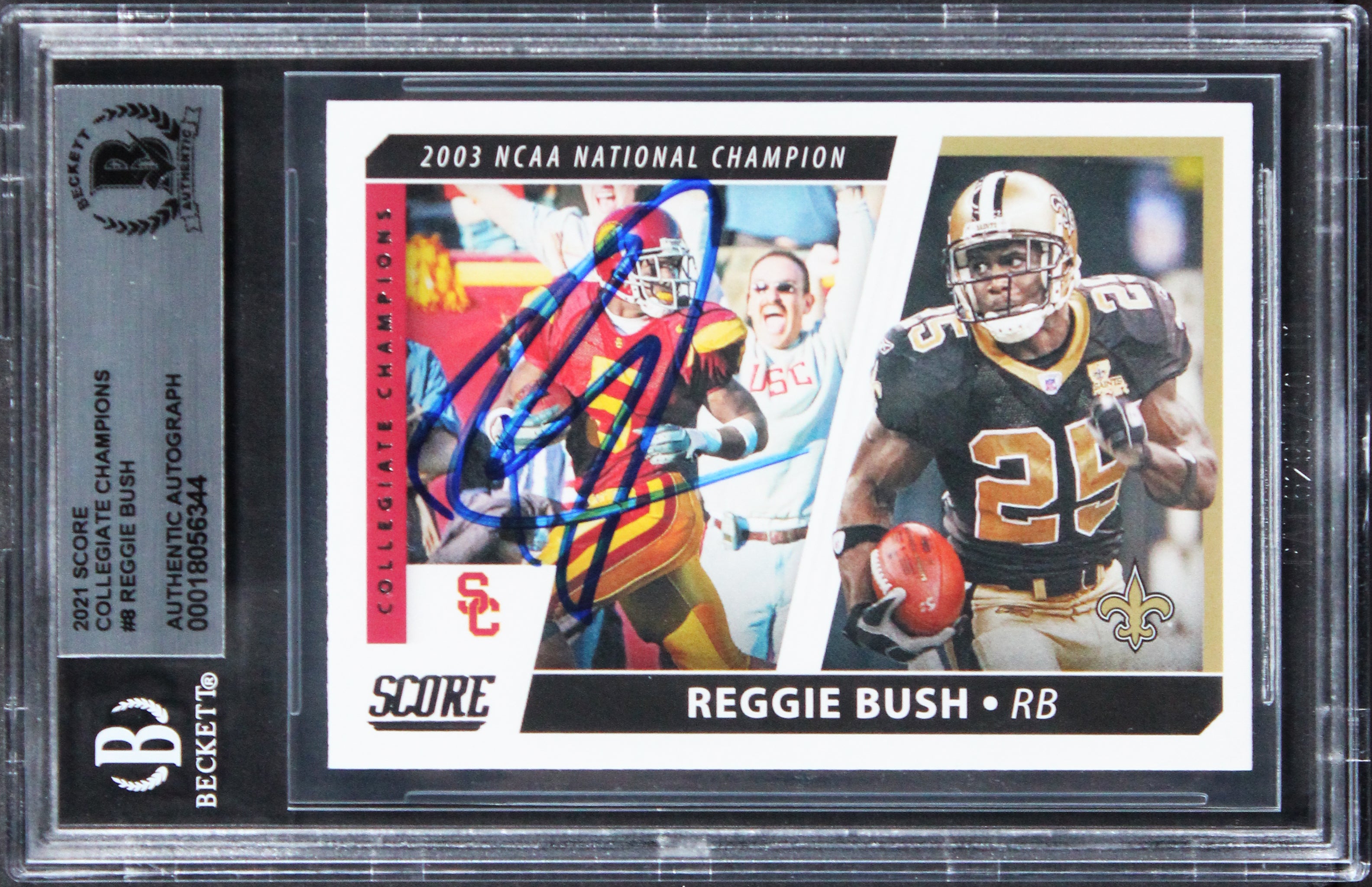 Saints Reggie Bush Signed 2021 Score Collegiate Champions #8 Card BAS Slabbed 4