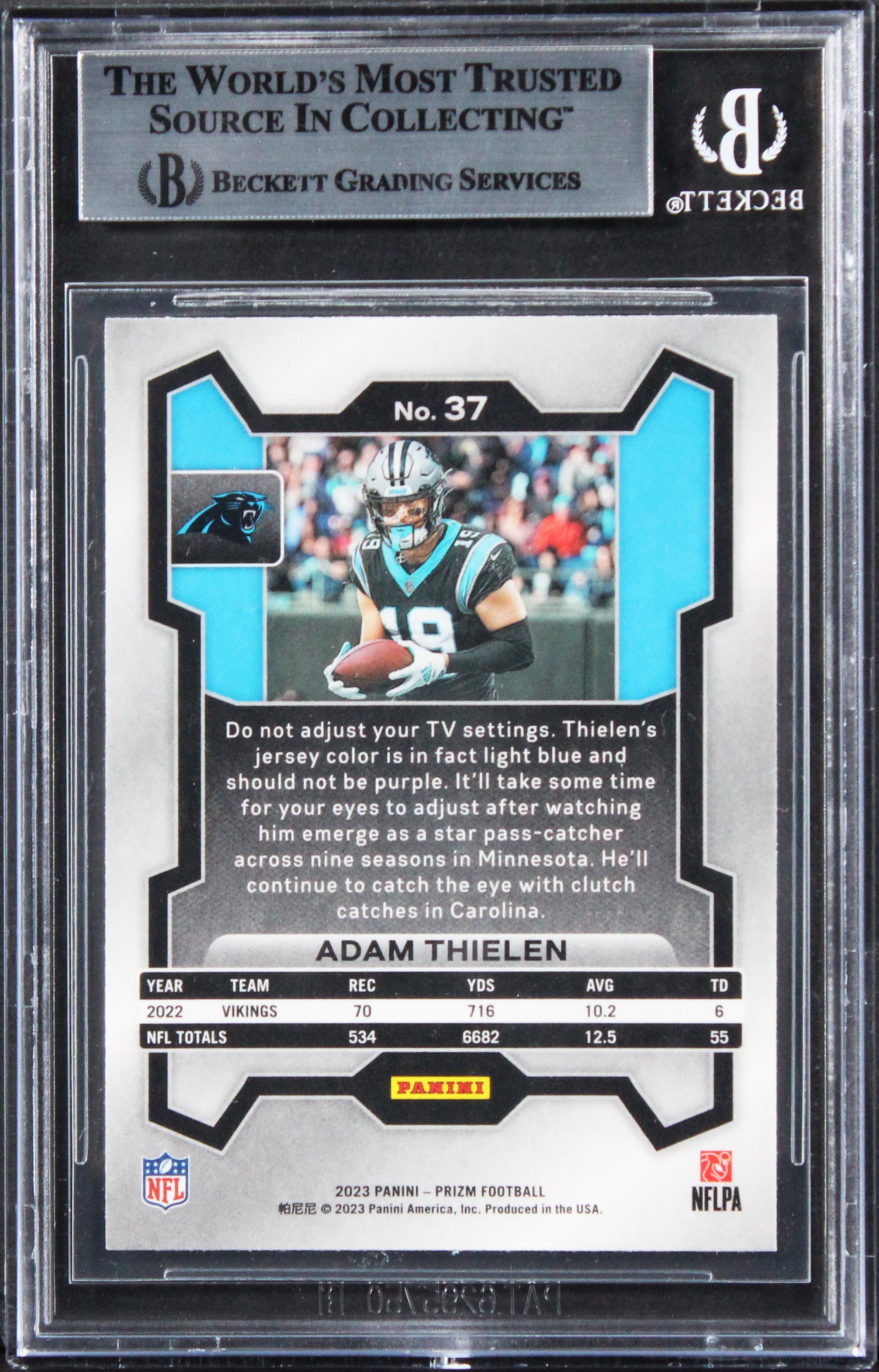 Panthers Adam Thielen Authentic Signed 2023 Panini Prizm #37 Card BAS Slabbed