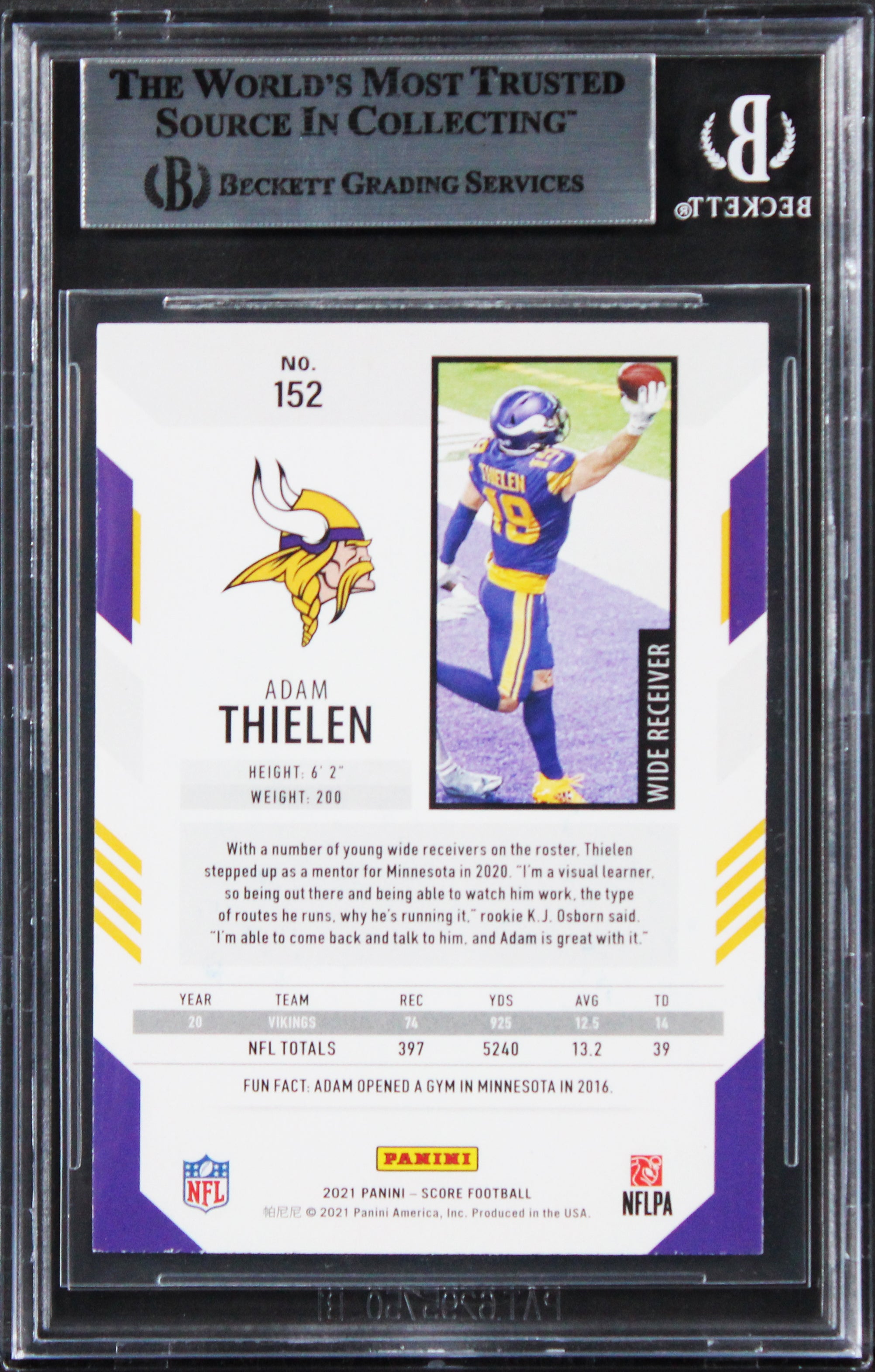 Vikings Adam Thielen Authentic Signed 2021 Score #152 Card BAS Slabbed