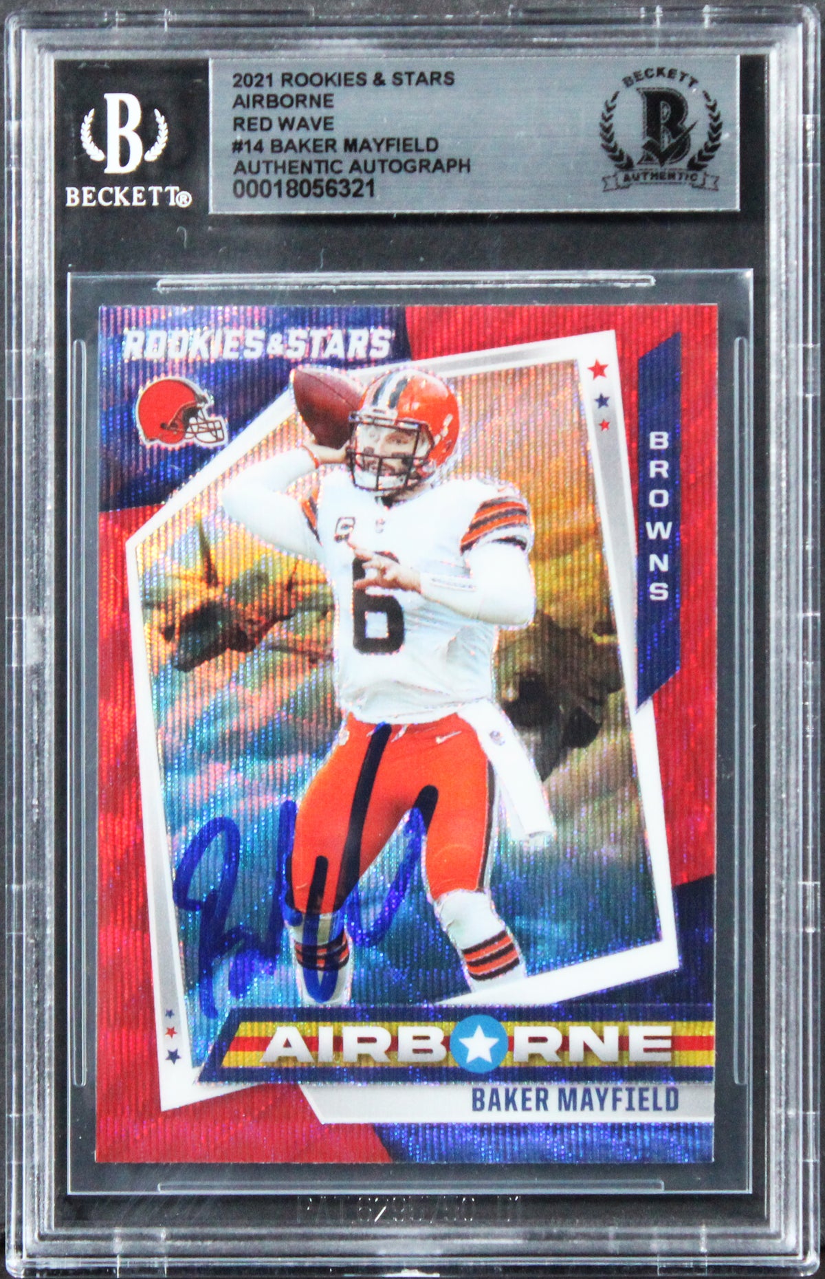 Baker Mayfield Signed 2021 Rookies & Stars Airborne Red Wave #14 Card BAS Slab