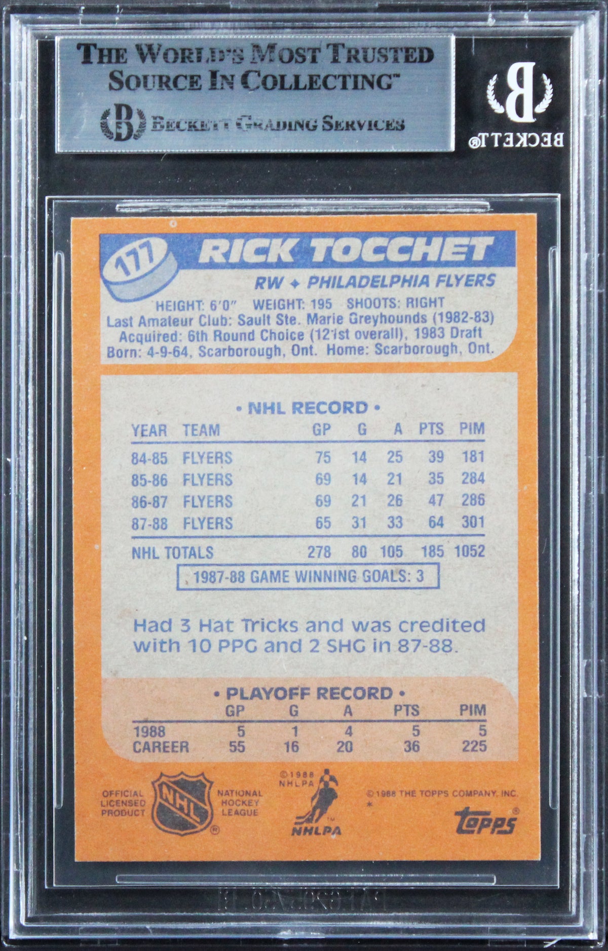 Flyers Rick Tocchet Authentic Signed 1988 Topps #177 Card BAS Slabbed