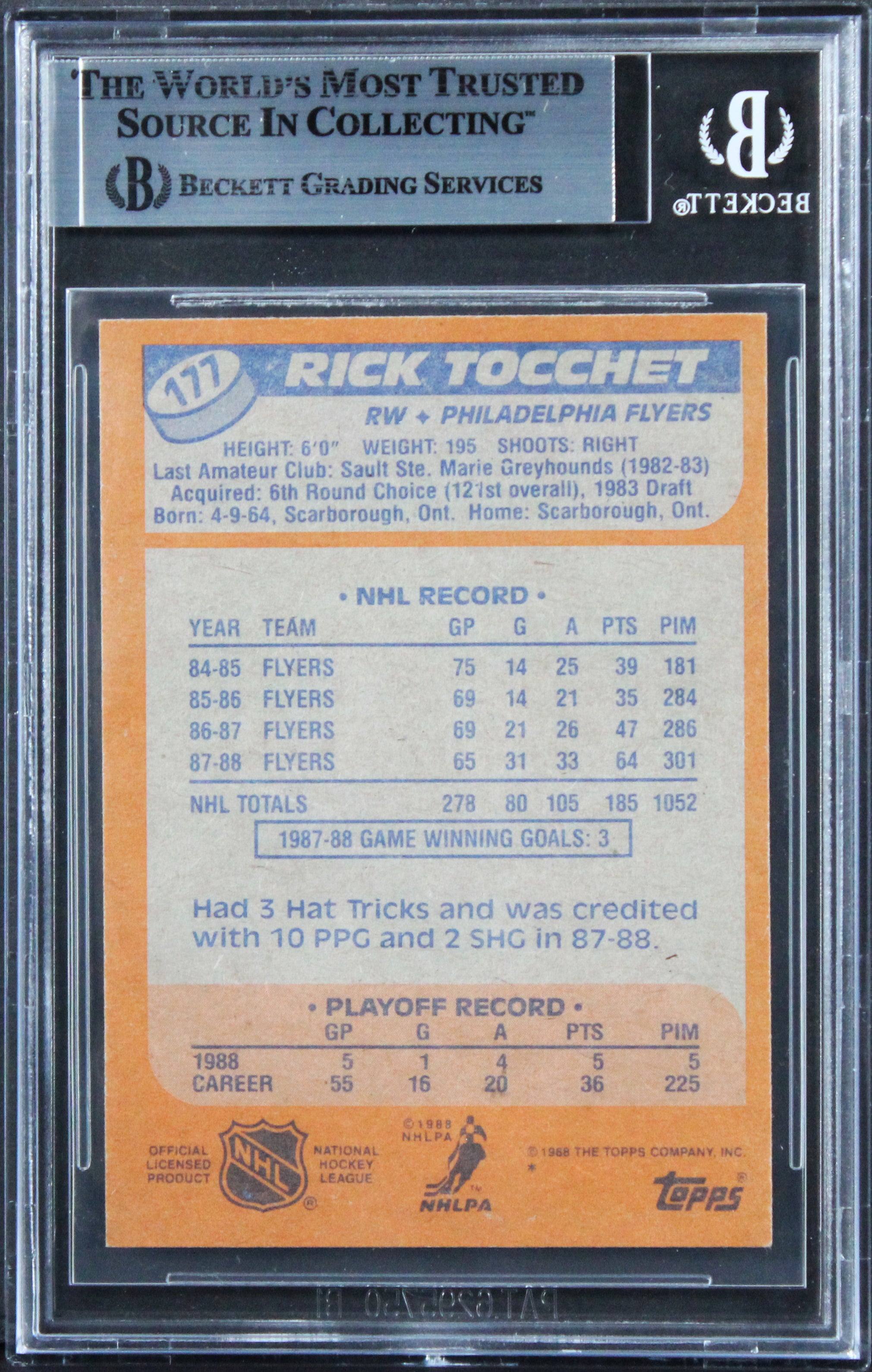 Flyers Rick Tocchet Authentic Signed 1988 Topps #177 Card BAS Slabbed 2