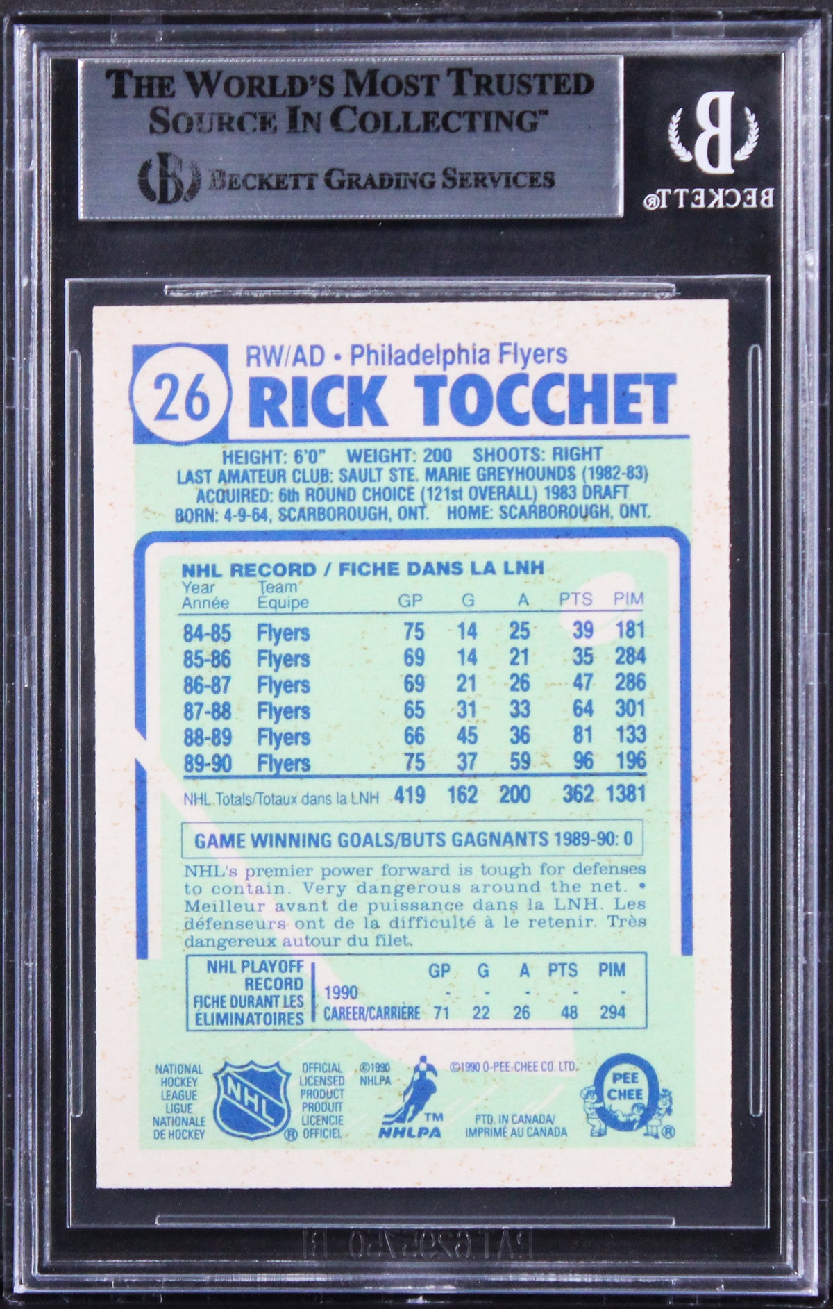 Flyers Rick Tocchet Authentic Signed 1990 O-Pee-Chee #26 Card BAS Slabbed