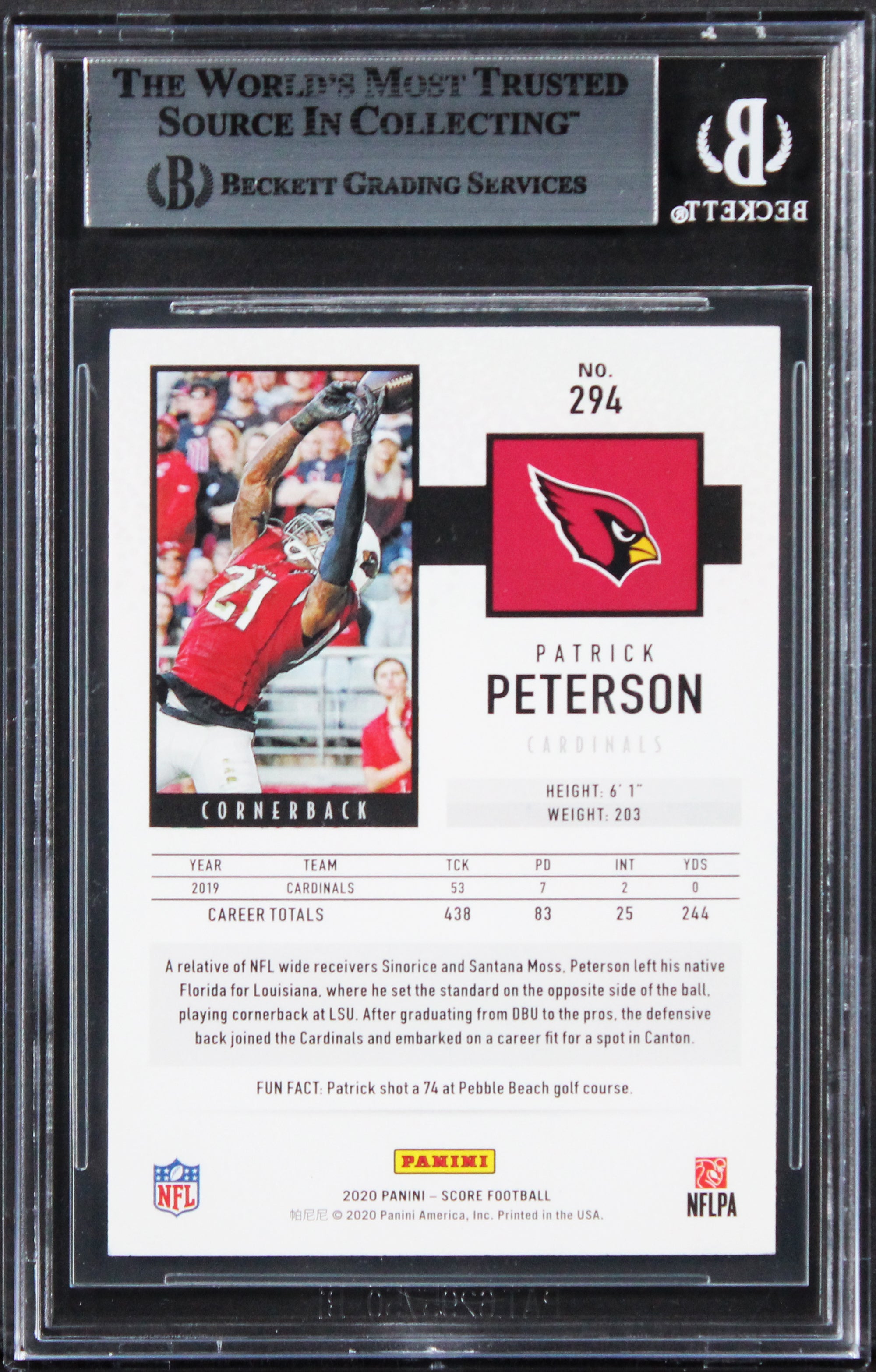 Cardinals Patrick Peterson Authentic Signed 2020 Score #294 Card BAS Slabbed