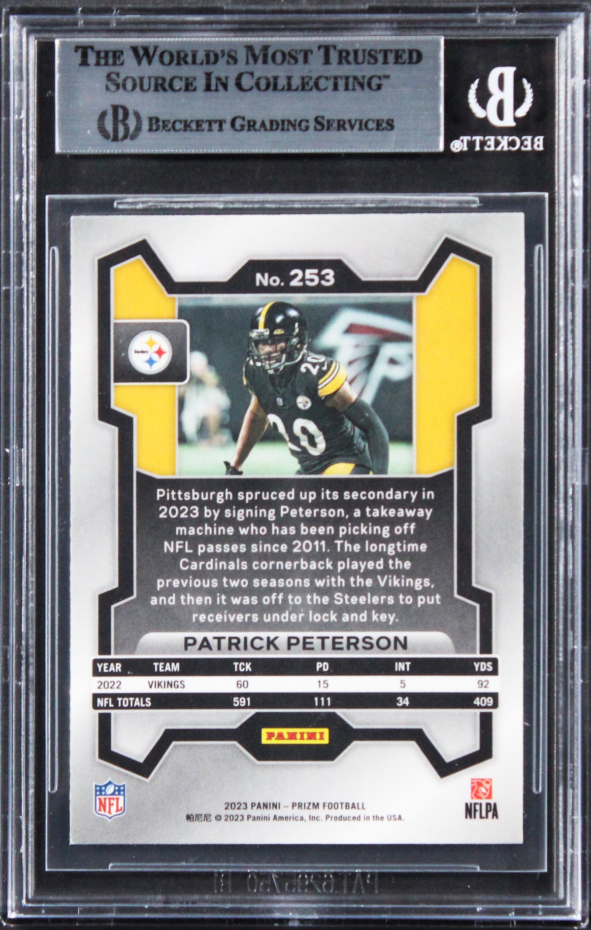 Steelers Patrick Peterson Signed 2023 Panini Prizm #253 Card BAS Slabbed