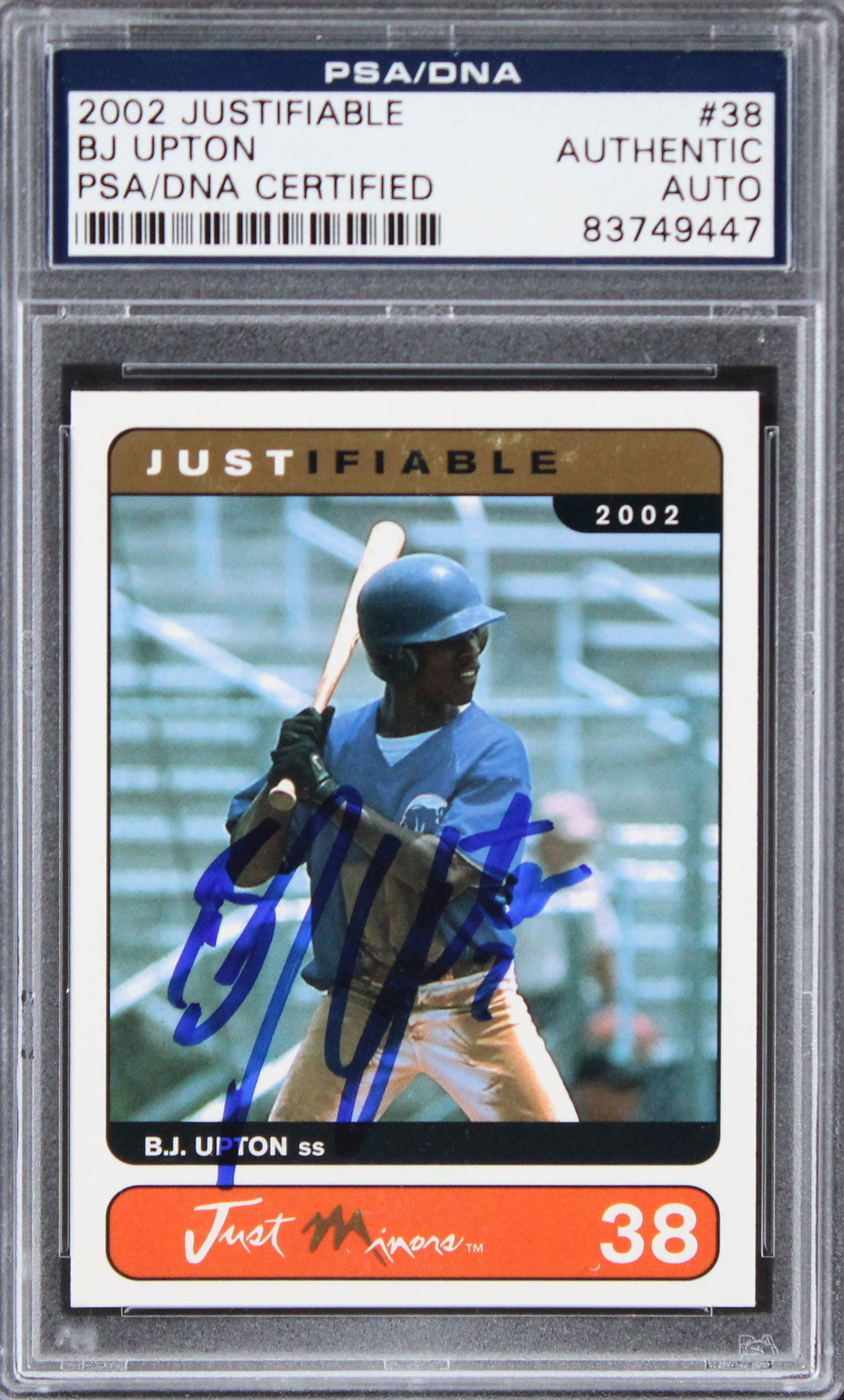 Rays BJ Upton Authentic Signed 2002 Justifiable #38 Rookie Card PSA/DNA Slabbed