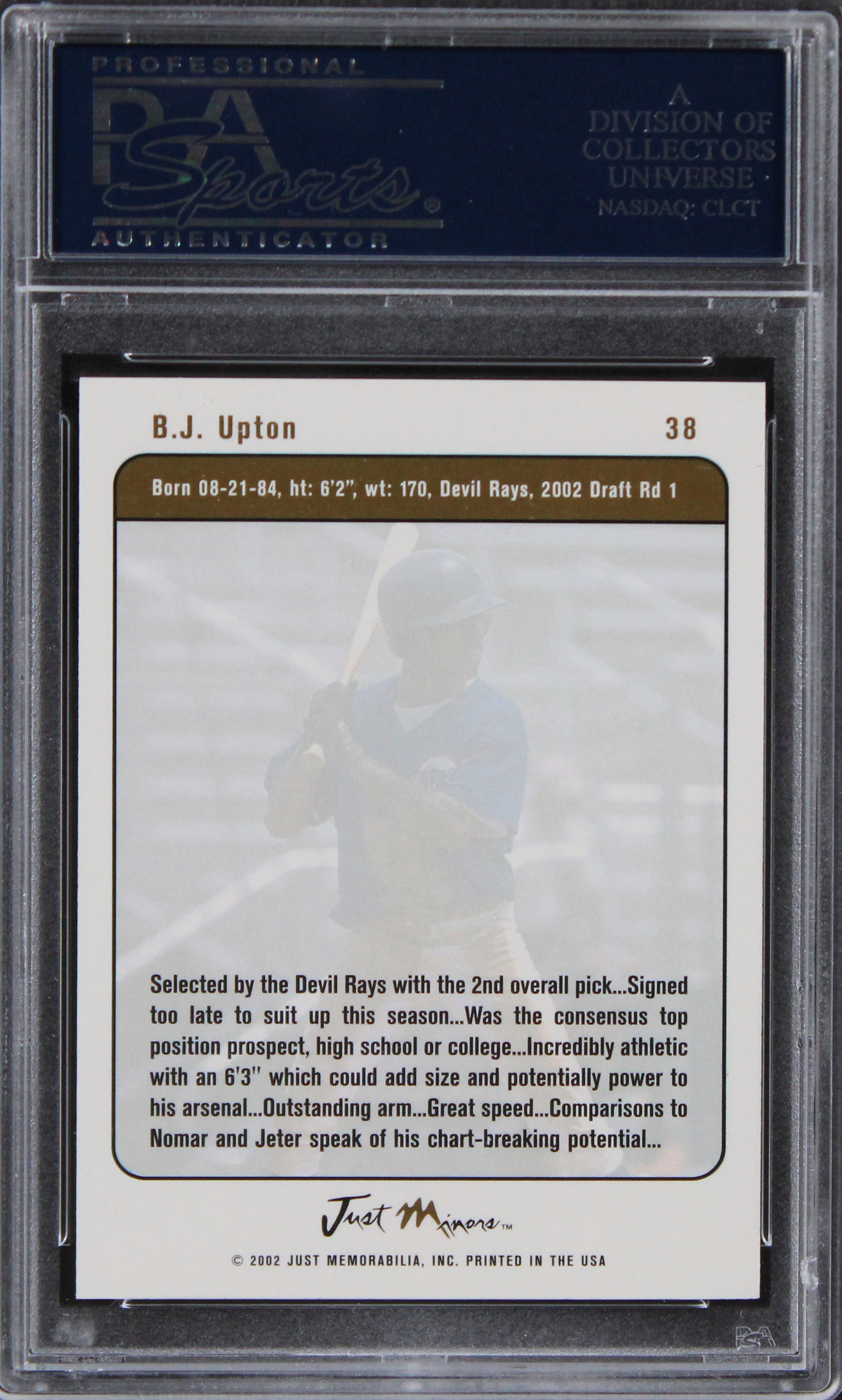 Rays BJ Upton Authentic Signed 2002 Justifiable #38 Rookie Card PSA/DNA Slabbed