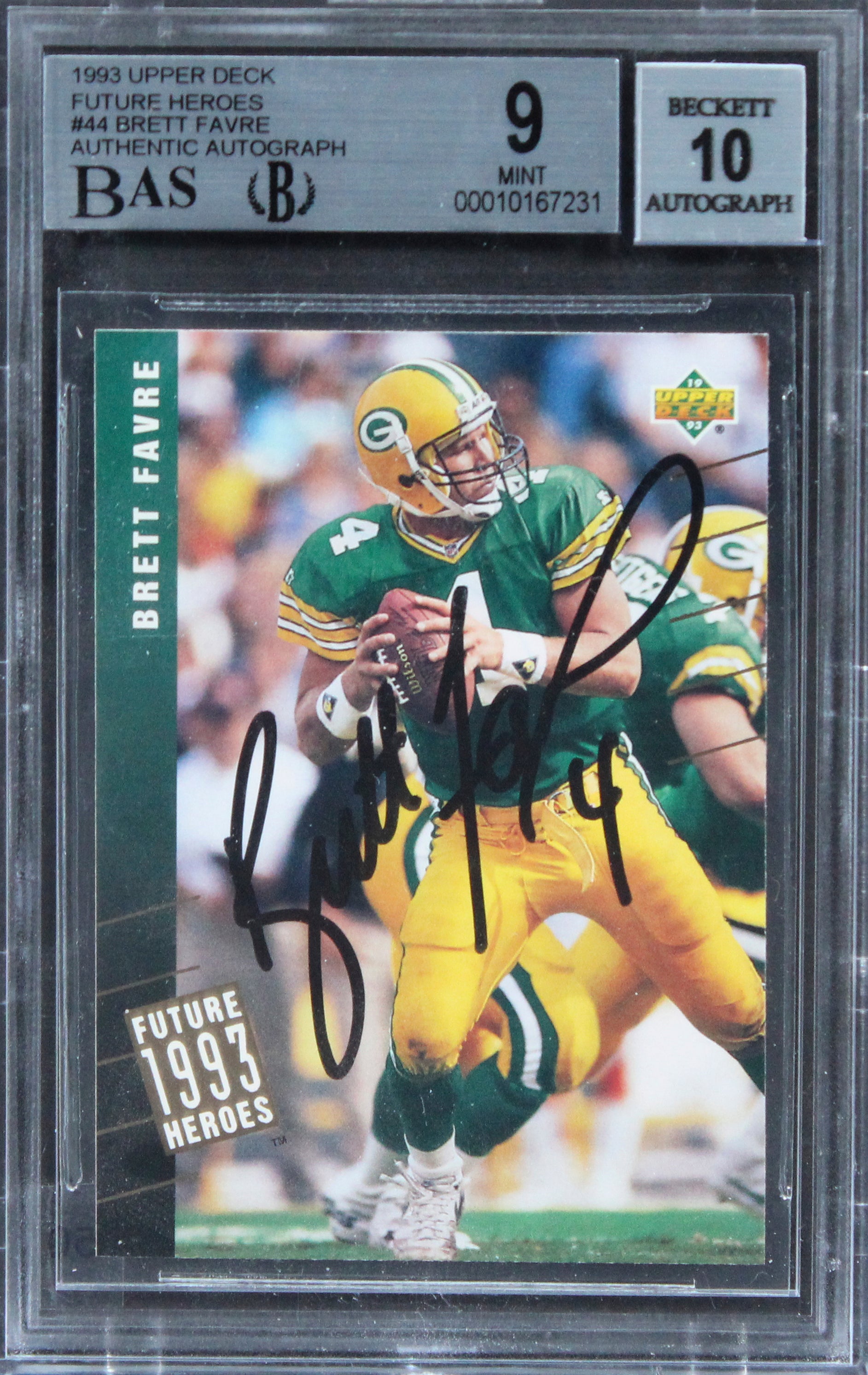 Brett Favre Signed 1993 Upper Deck Future Heroes #44 Card 9 Auto 10 BAS Slabbed
