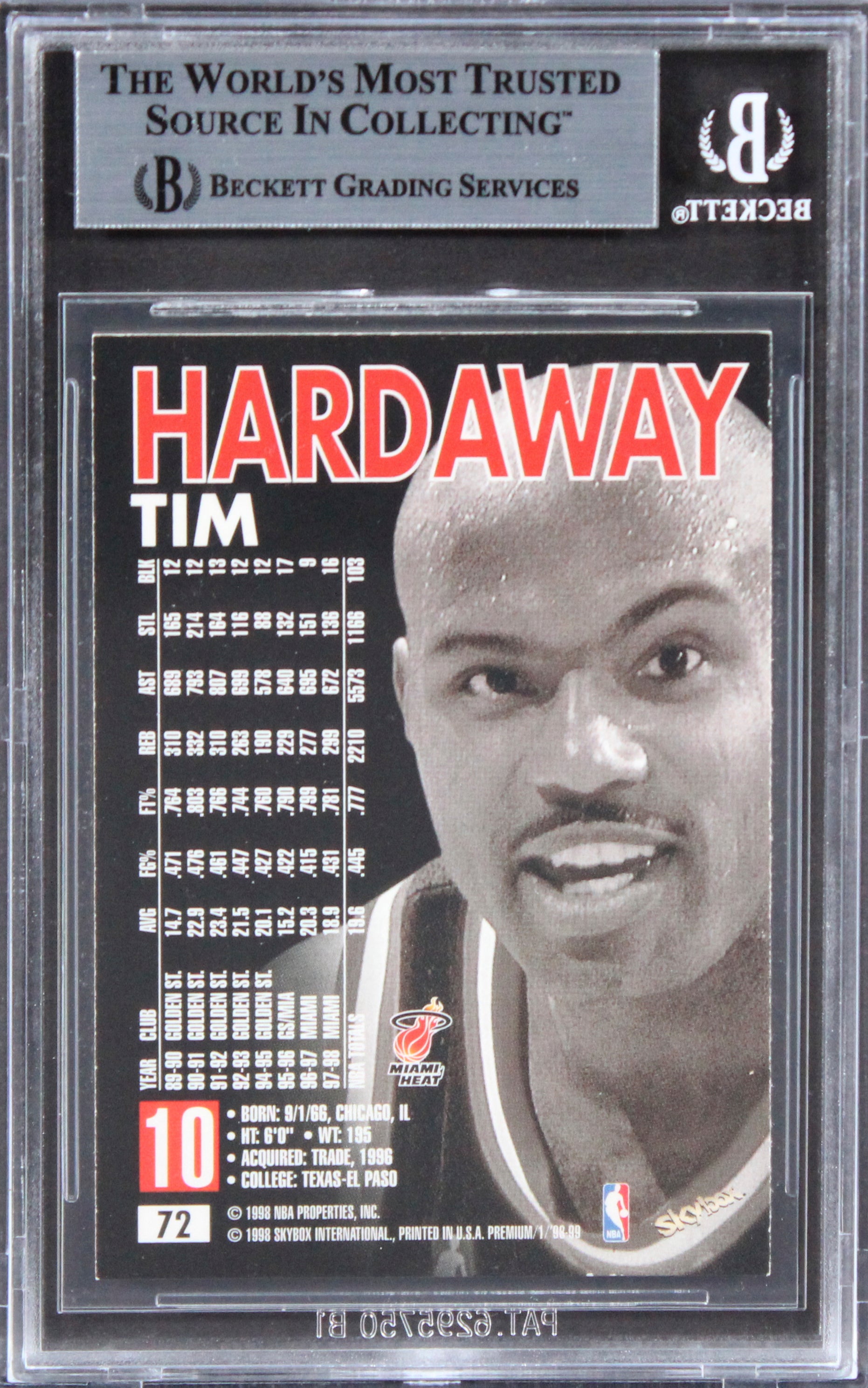 Heat Tim Hardaway Authentic Signed 1998 Skybox Premium #72 Card BAS Slabbed