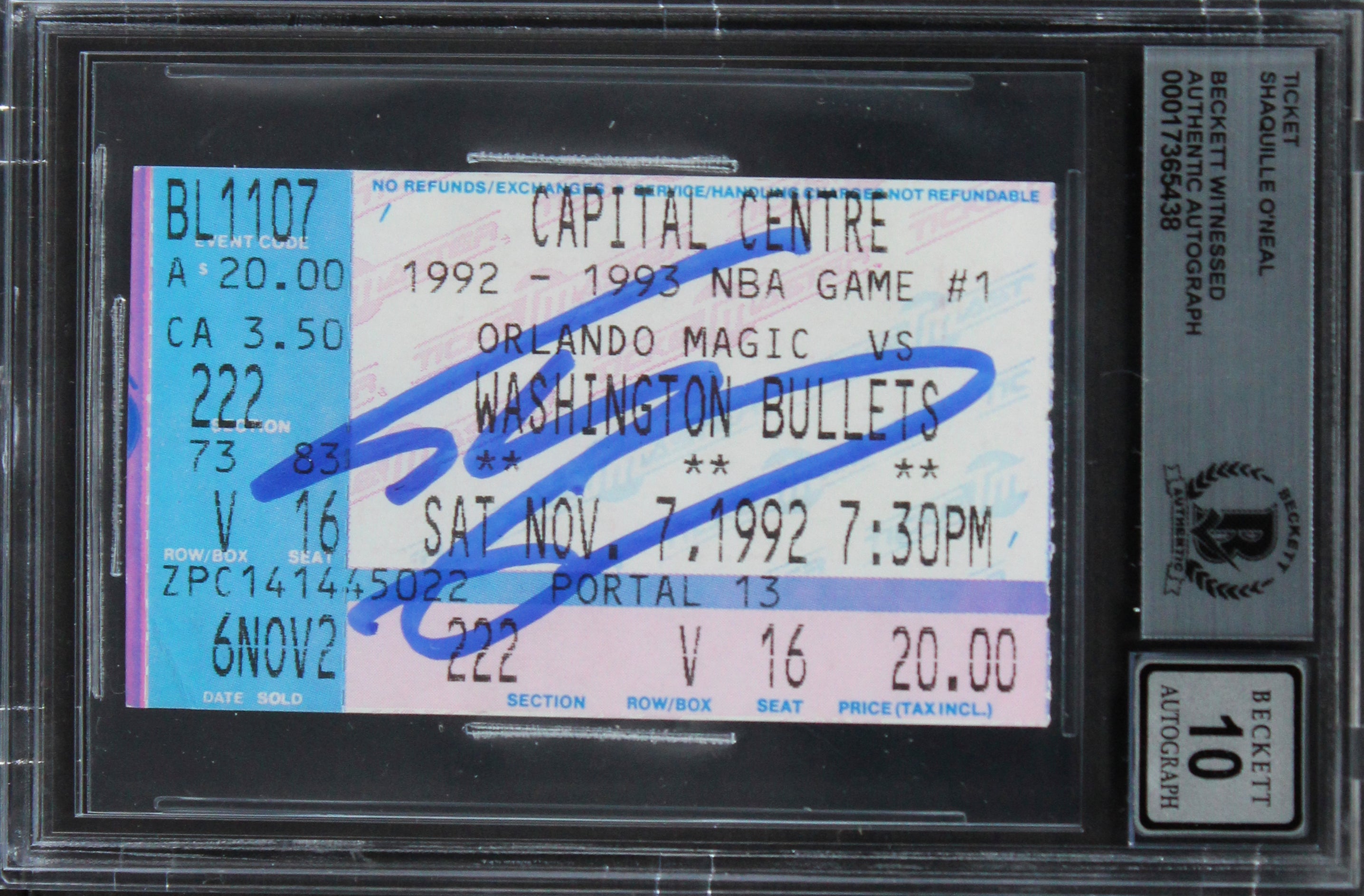 Magic Shaquille O'Neal Signed 1992 NBA Game #1 Ticket Stub Auto 10 BAS Slabbed