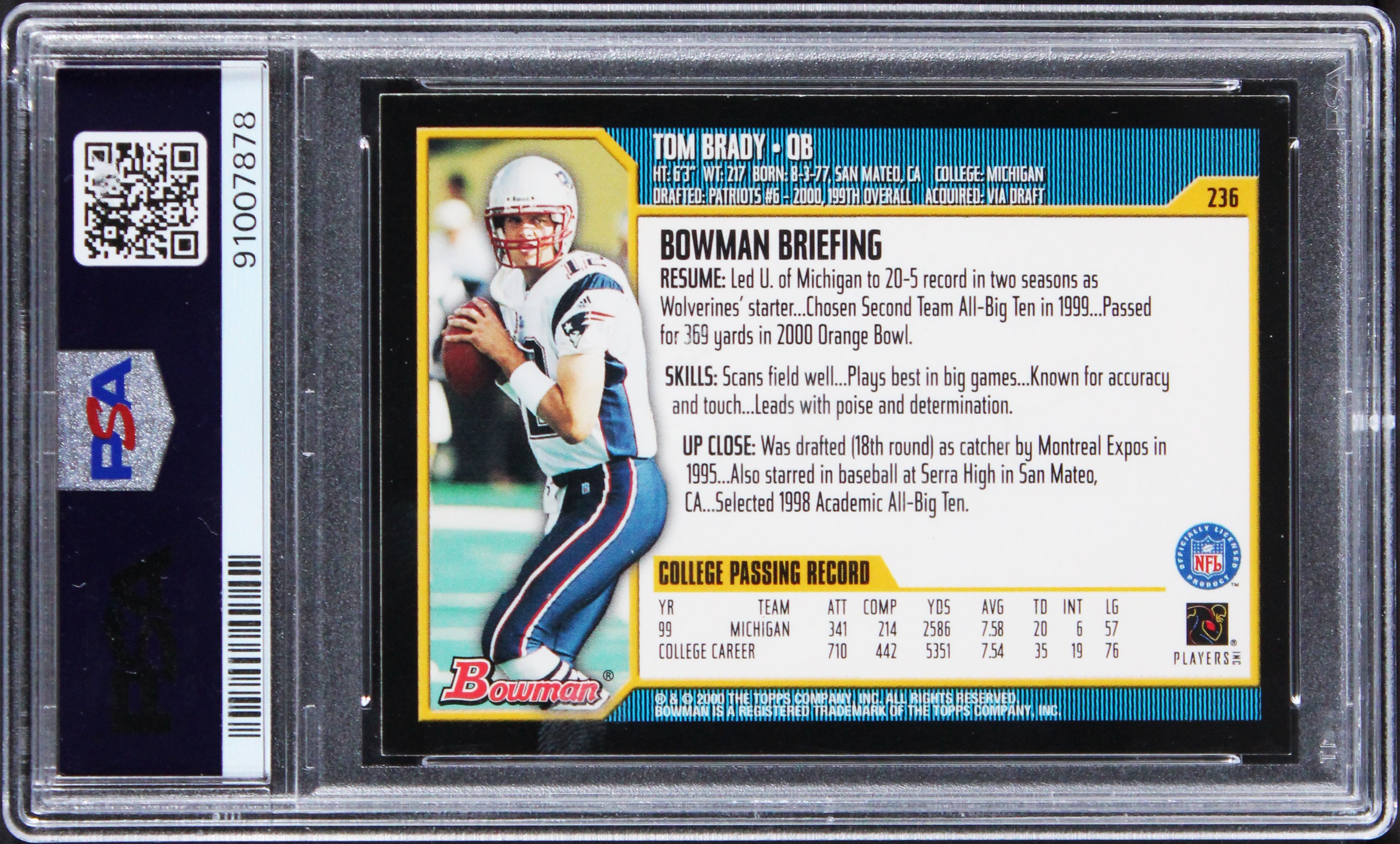 Patriots Tom Brady Signed 2000 Bowman #236 RC Card Ex 5 Auto 7 PSA/DNA Slabbed