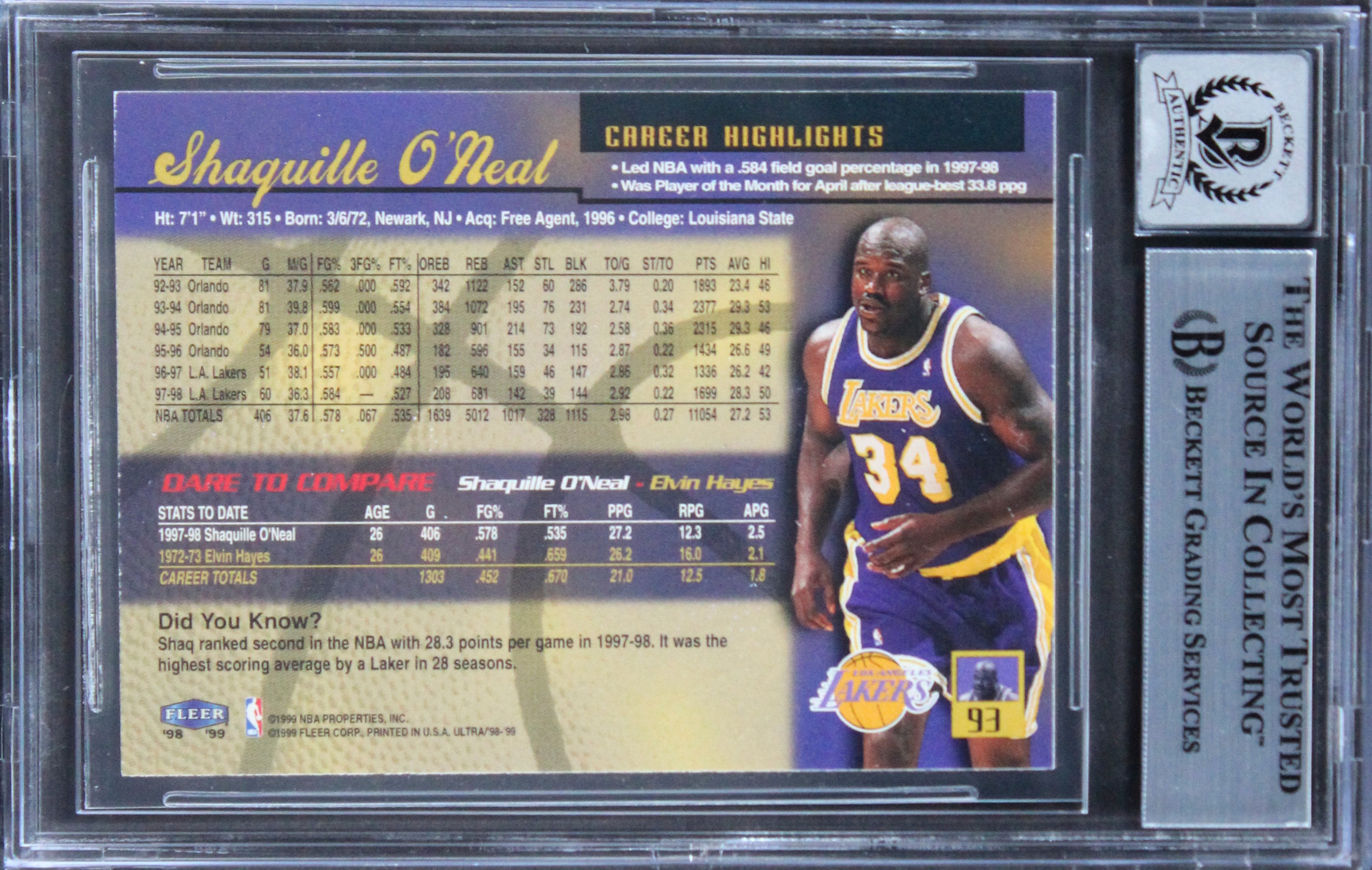 Lakers Shaquille O'Neal Signed 1998 Ultra #93 Card Auto 10 BAS Slabbed