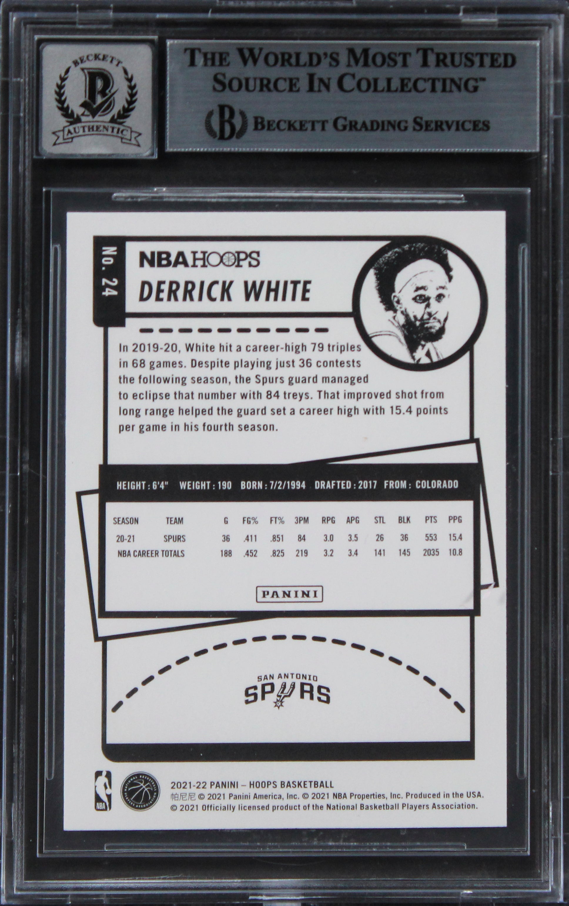 Spurs Derrick White Authentic Signed 2021 Hoops #24 Card Auto 10 BAS Slabbed
