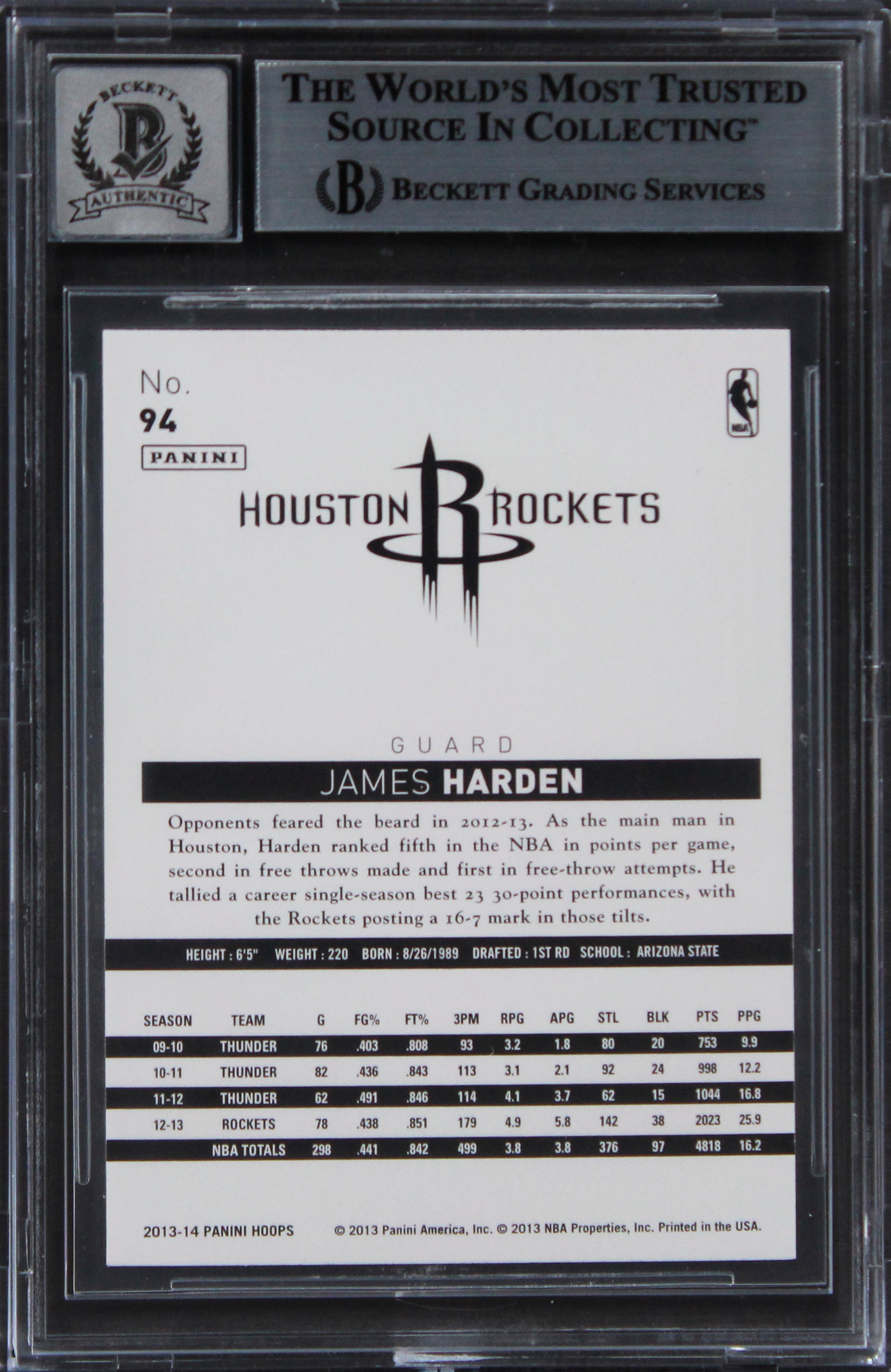 Rockets James Harden Authentic Signed 2013 Hoops #94 Card Auto 10 BAS Slabbed