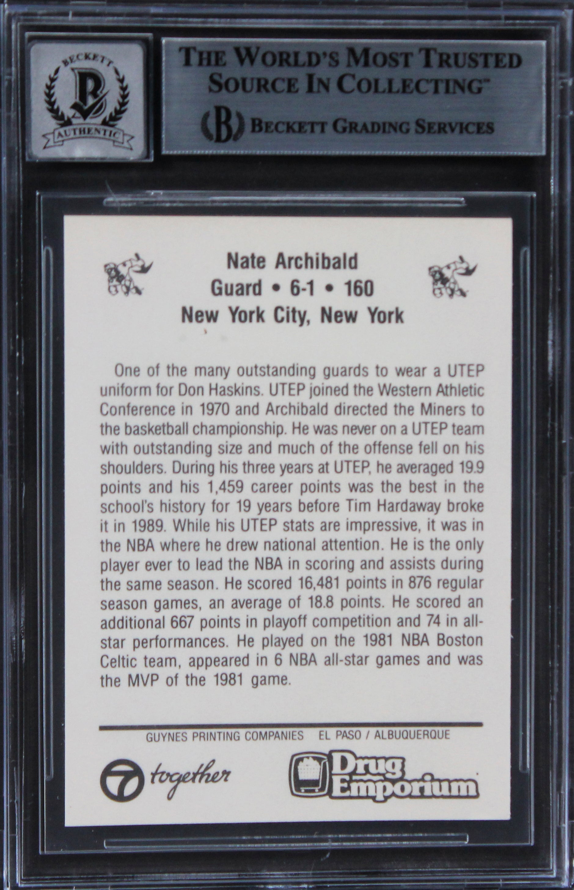 Nate Archibald Authentic Signed 1989 Utep #1 Card Auto Graded 10! BAS Slabbed