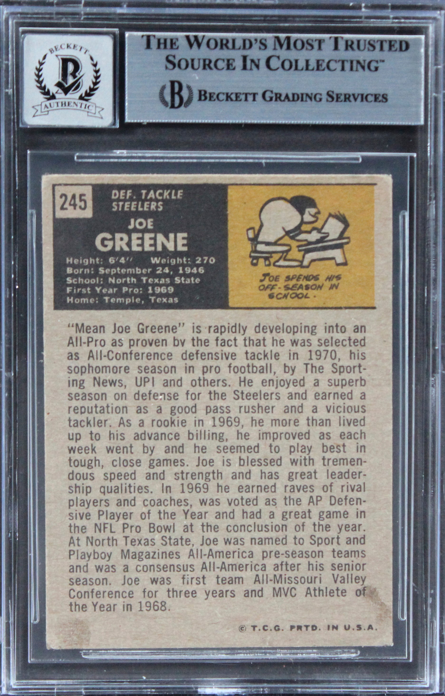Steelers Joe Greene Authentic Signed 1971 Topps #245 Card Auto 10 BAS Slab 13