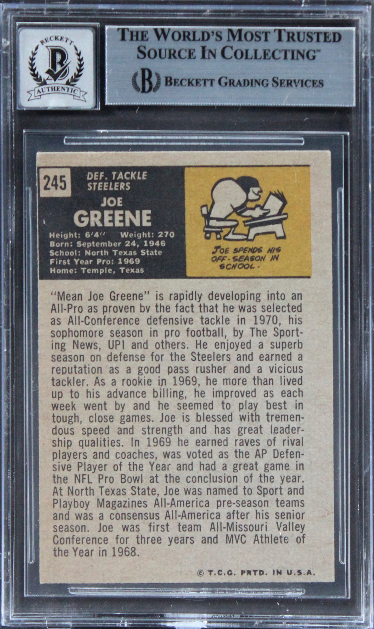 Steelers Joe Greene Authentic Signed 1971 Topps #245 Card Auto 10 BAS Slab 9