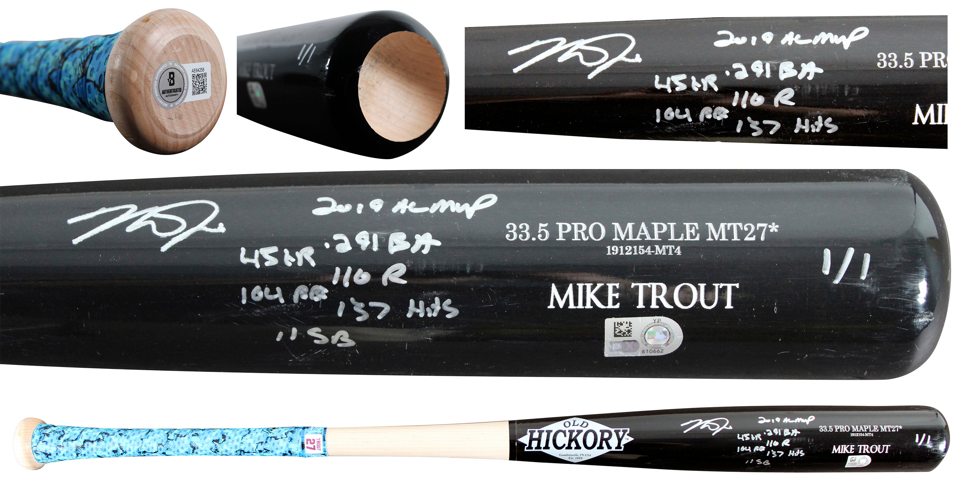 Mike Trout "2019 Stat" Signed Game Ready Old Hickory Pro Maple MT27* 1/1 Bat BAS