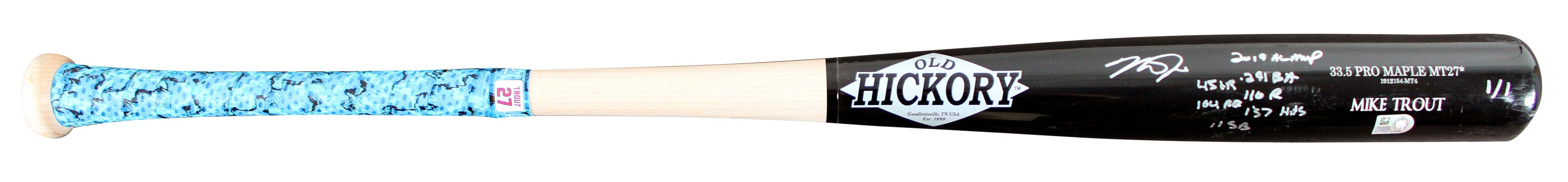 Mike Trout "2019 Stat" Signed Game Ready Old Hickory Pro Maple MT27* 1/1 Bat BAS