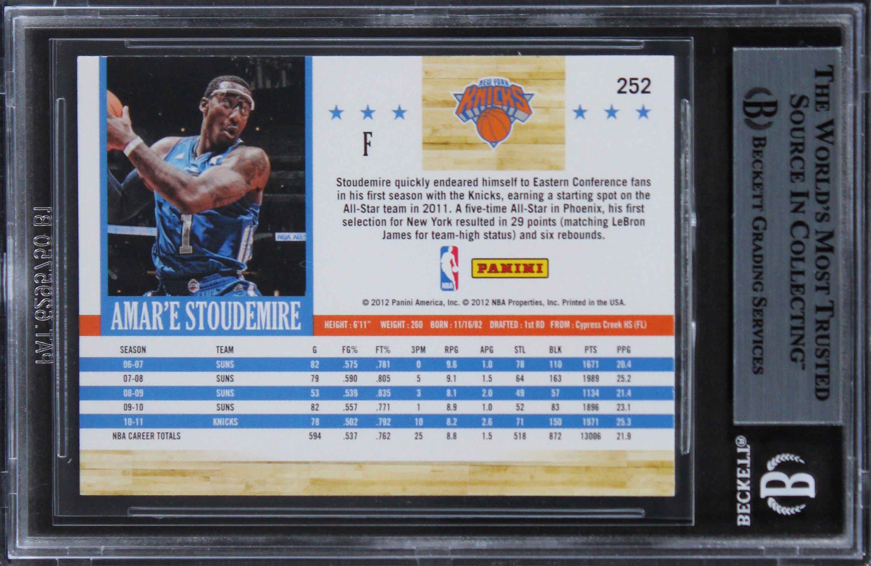 Knicks Amare Stoudamire Authentic Signed 2011 Hoops #252 Card BAS Slabbed