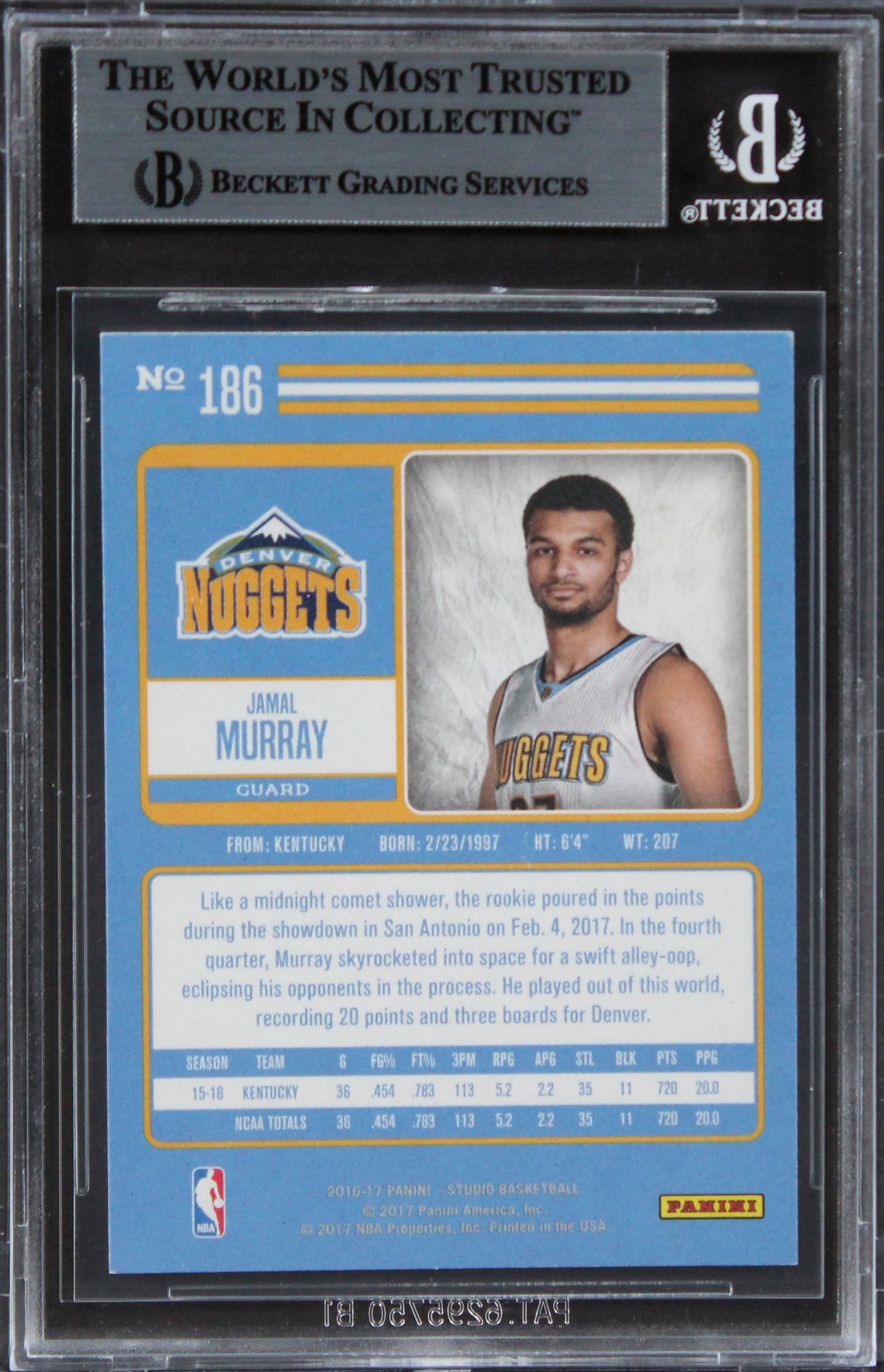 Nuggets Jamal Murray Authentic Signed 2016 Studio #186 Rookie Card BAS Slabbed