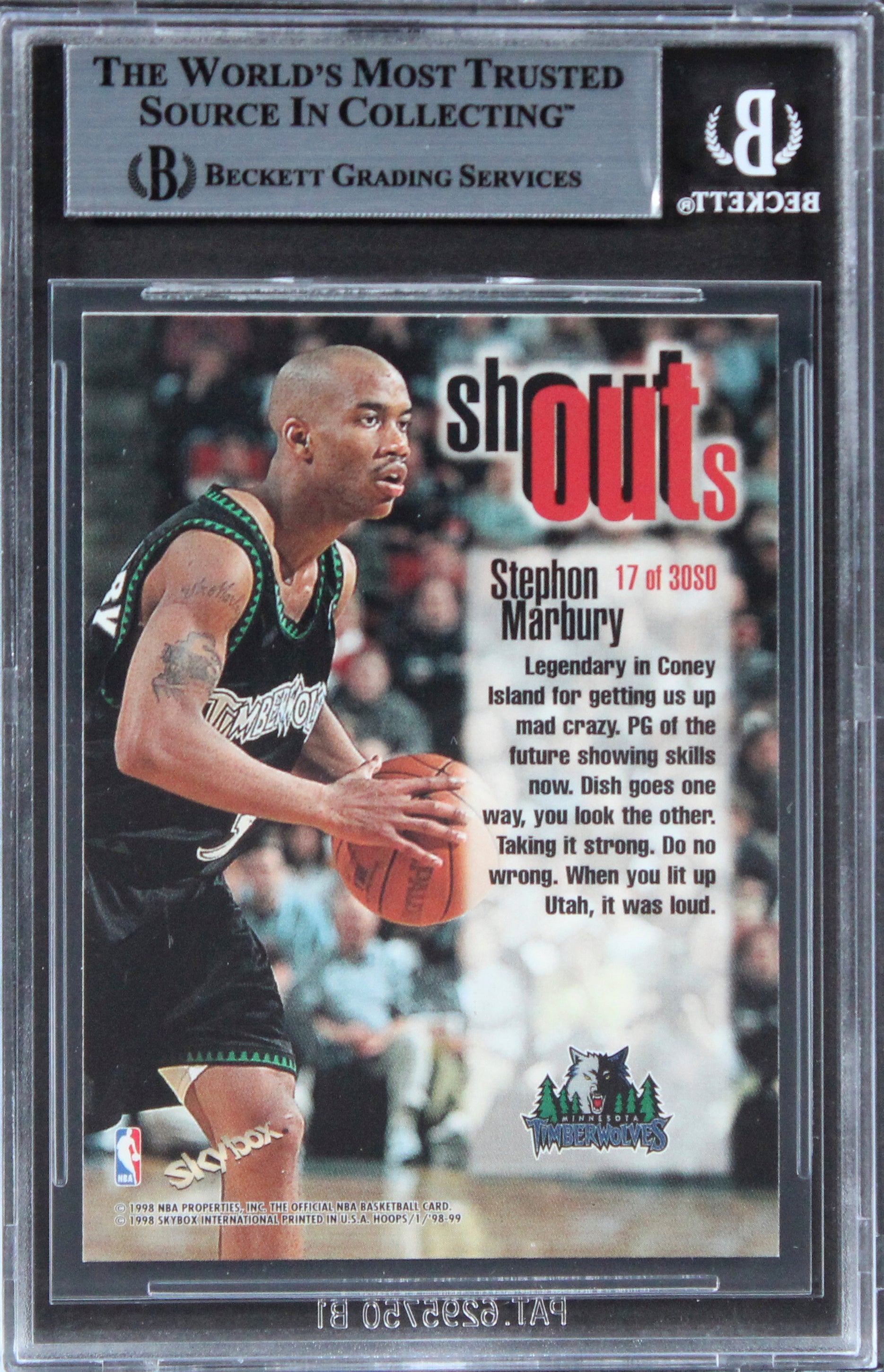 Timberwolves Stephon Marbury Signed 1998 Hoops Shout Outs #17 Card BAS Slabbed