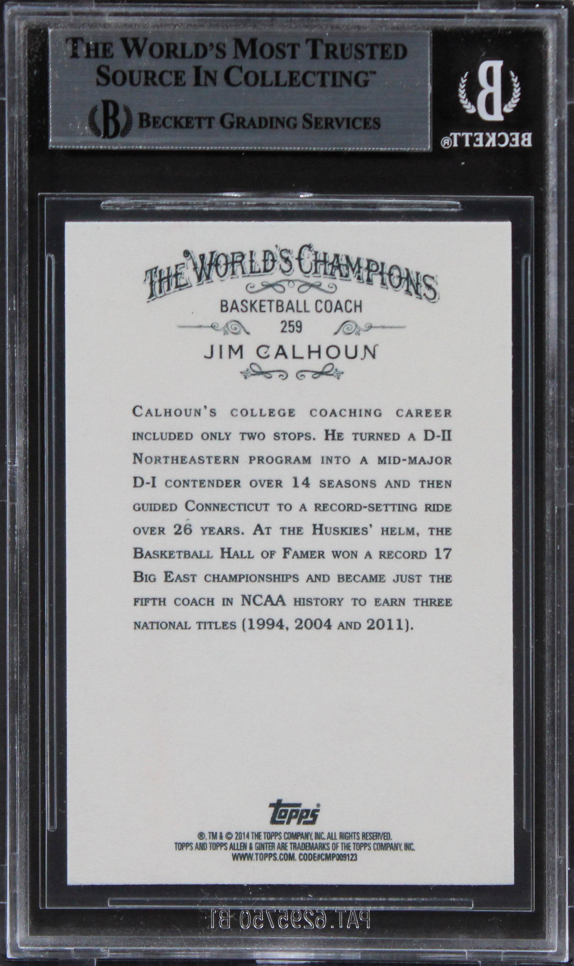 Jim Calhoun Authentic Signed 2014 Topps Allen & Ginter #259 Card BAS Slabbed