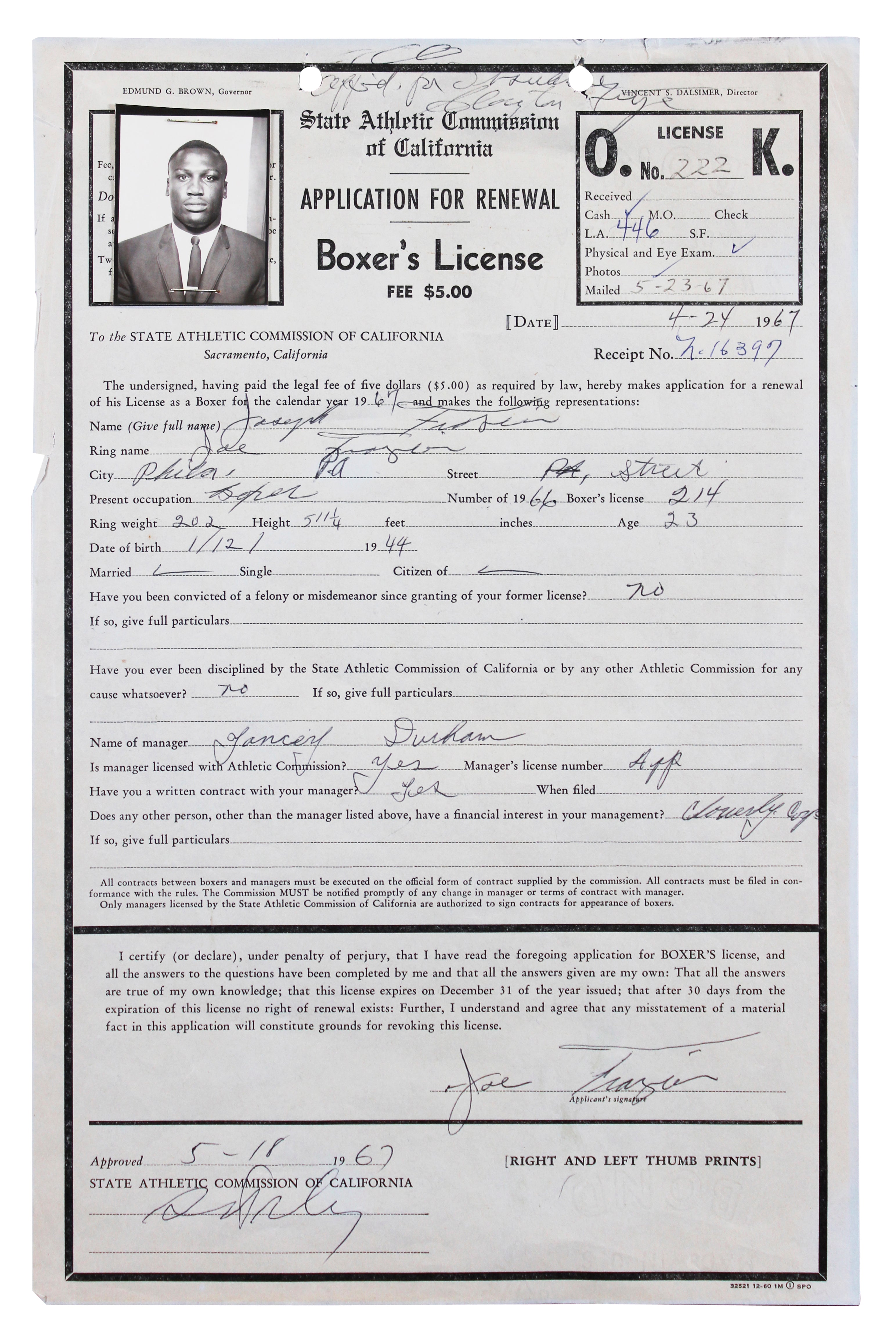 Joe Frazier Authentic Signed 8.5x13 1967 Boxing License Renewal App JSA #ZZ80605