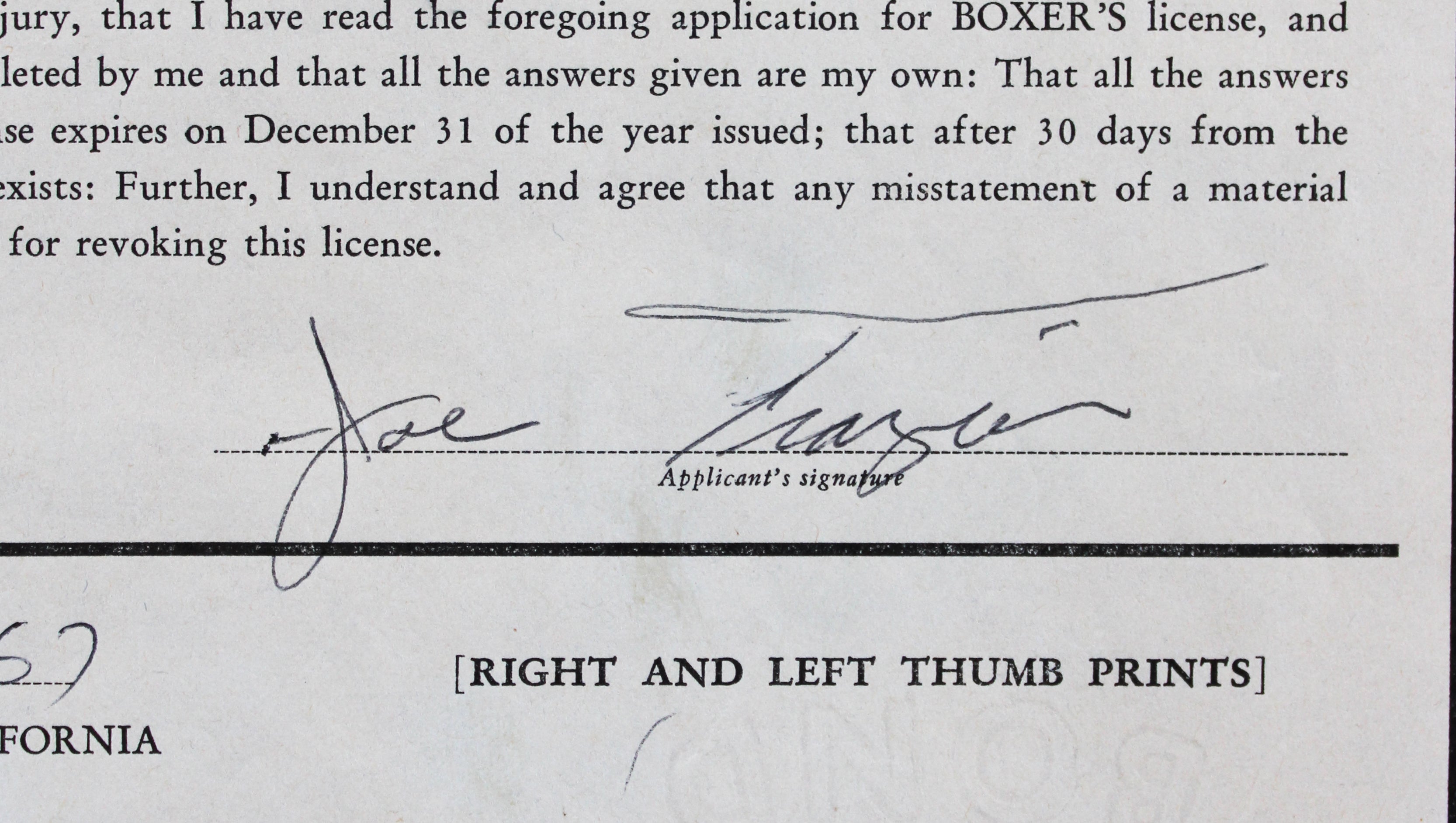Joe Frazier Authentic Signed 8.5x13 1967 Boxing License Renewal App JSA #ZZ80605