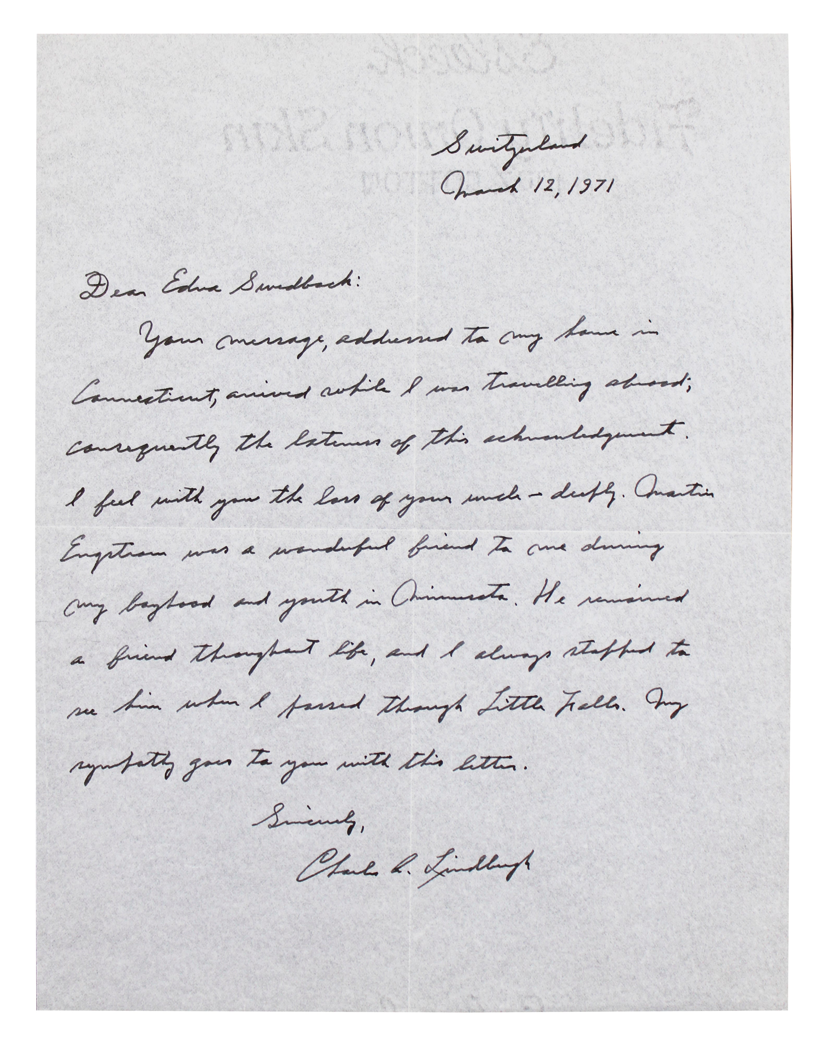 Charles Lindbergh Signed 8.5x11 1971 Handwritten Letter Auto 9! JSA #ZZ80611