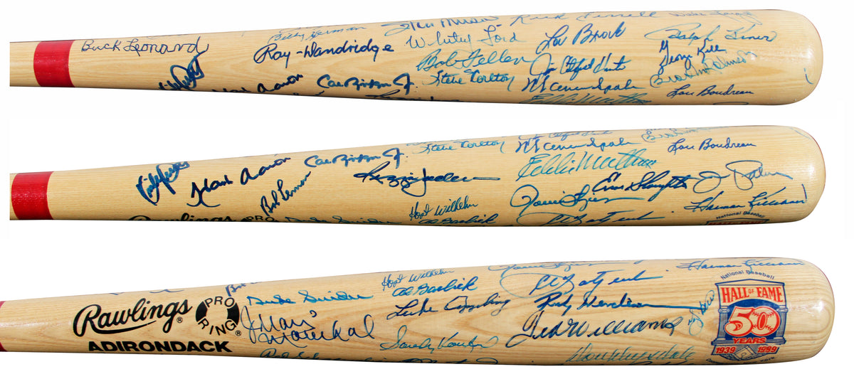 MLB HOF (49) Williams, Aaron, Koufax Signed Rawlings HOF Logo Baseball Bat PSA