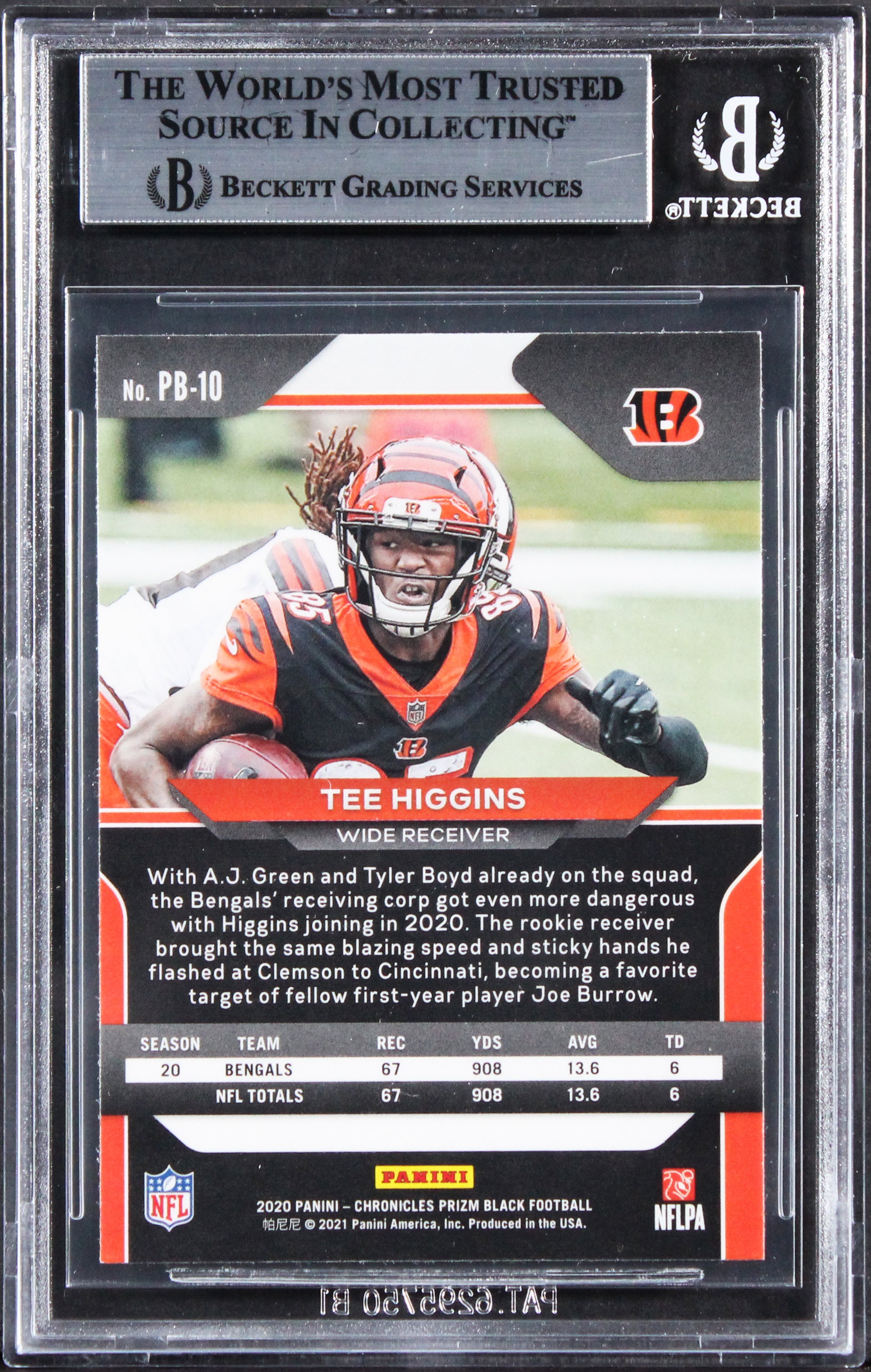 Bengals Tee Higgins Signed 2020 Panini Prizm Black #10 Rookie Card BAS Slabbed