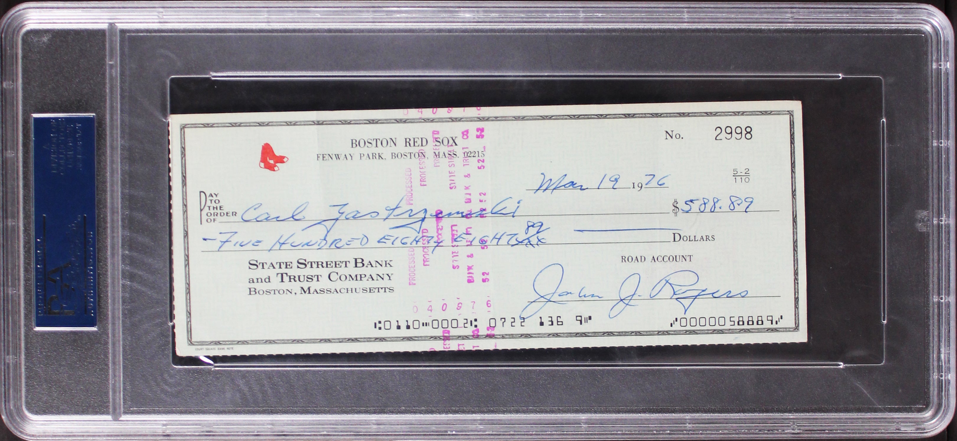 Red Sox Carl Yastrzemski Authentic Signed 3x8.25 Check March 19, 1976 PSA Slab