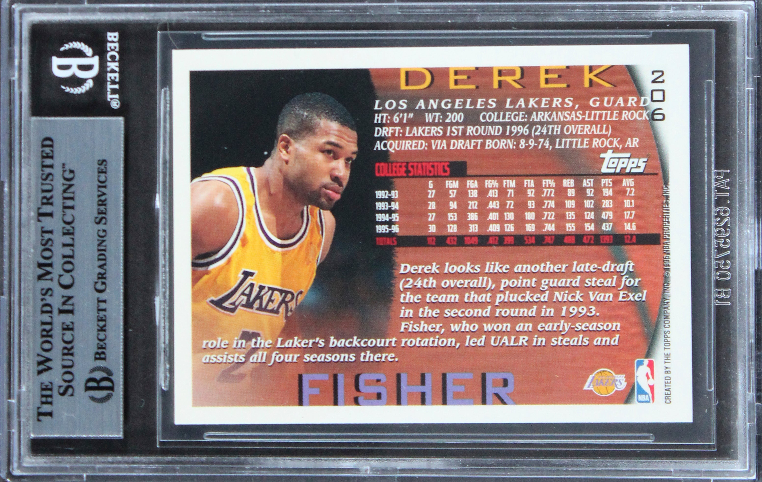 Lakers Derek Fisher Authentic Signed 1996 Topps #206 Card BAS Slabbed