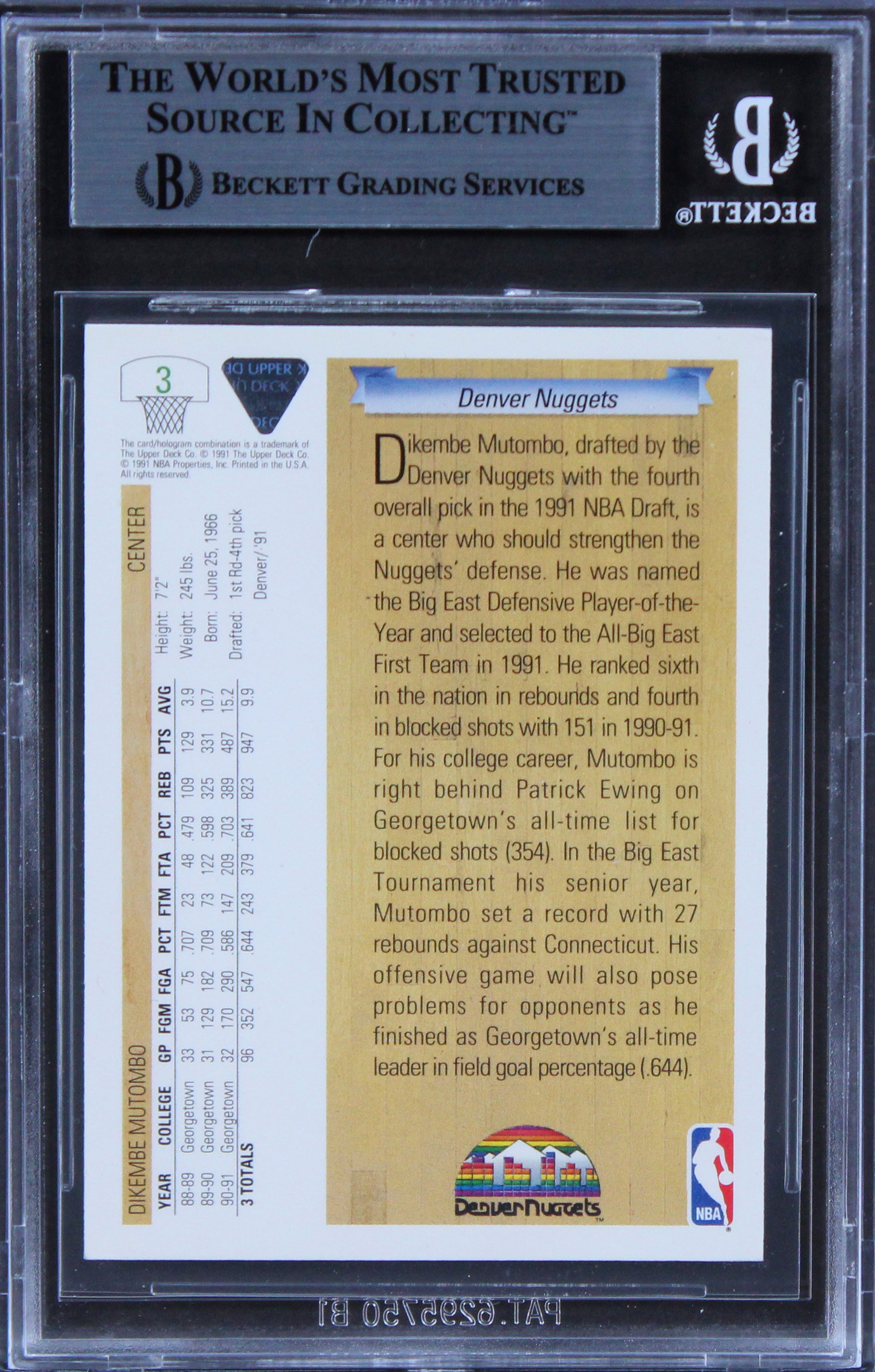 Nuggets Dikembe Mutombo Authentic Signed 1991 Upper Deck #3 Card BAS Slabbed