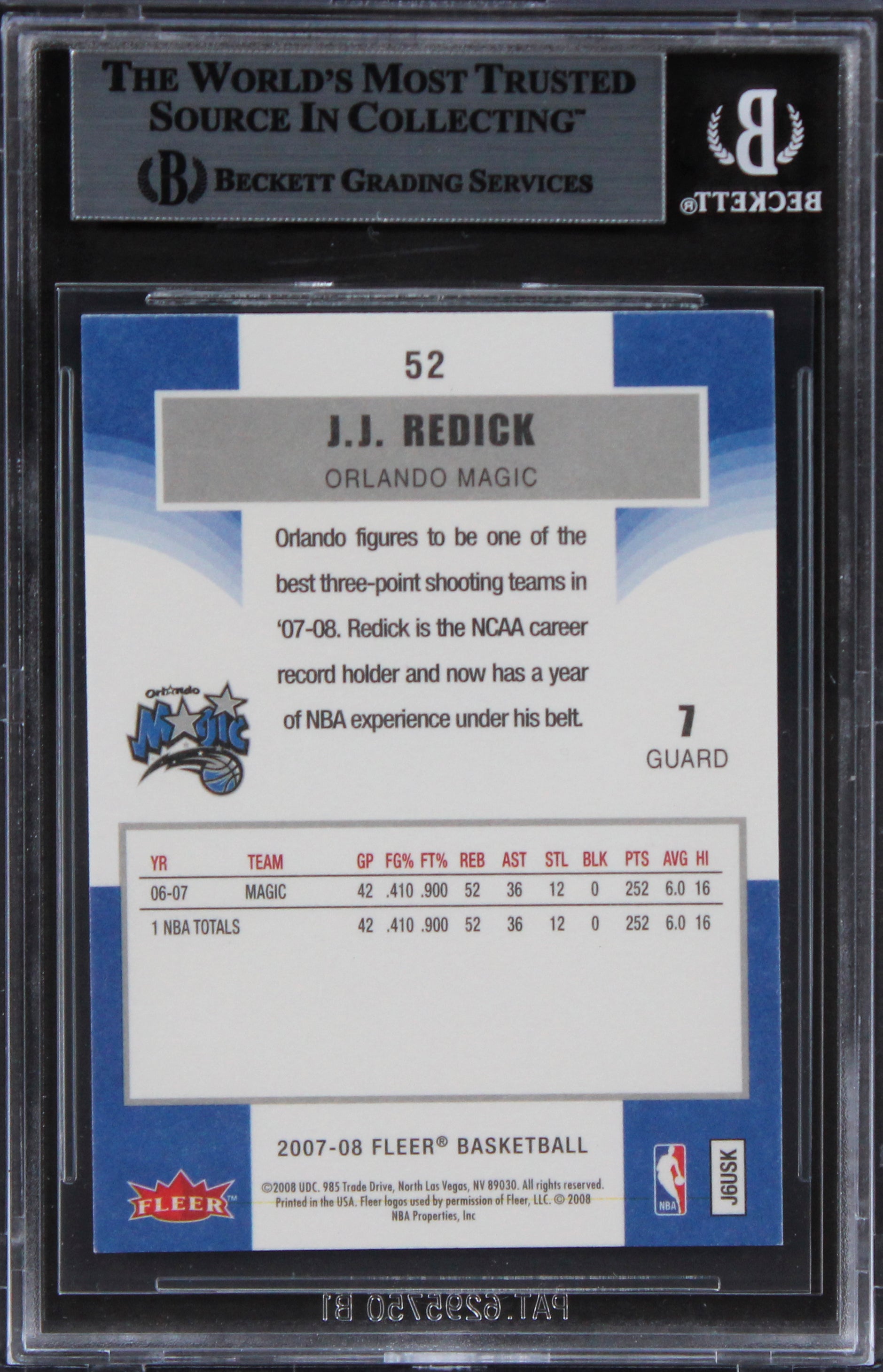 Magic J.J. Redick Authentic Signed 2007 Fleer #52 Card BAS Slabbed